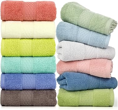 Cleanbear Hand Towels 12 Pack 12 Colors 100% Cotton, 13 by 29 Inches