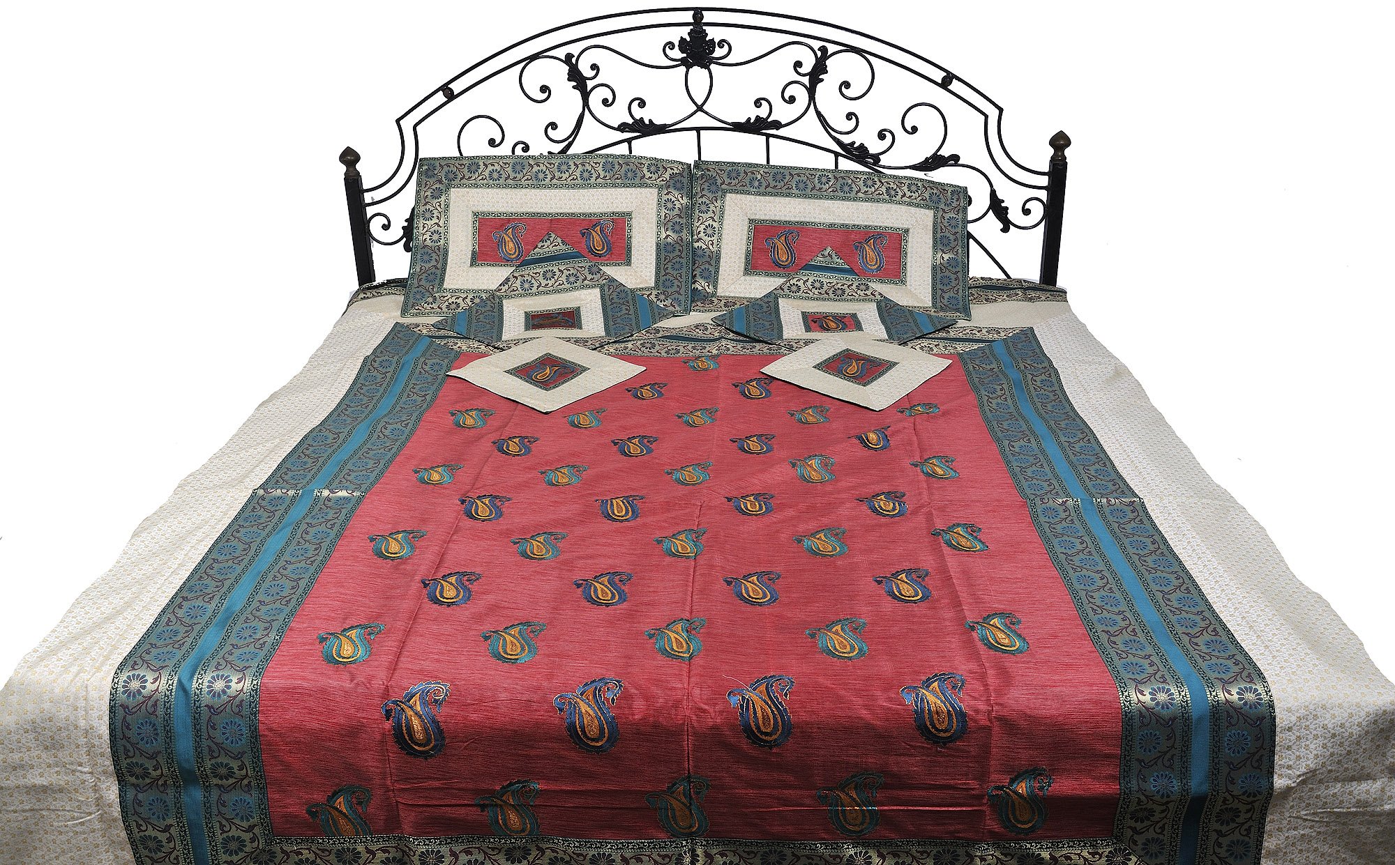 Exotic India Seven-Piece Banarasi Bedspread with Floral Weave and Embroidered Paisleys - Art Silk wi-image-45