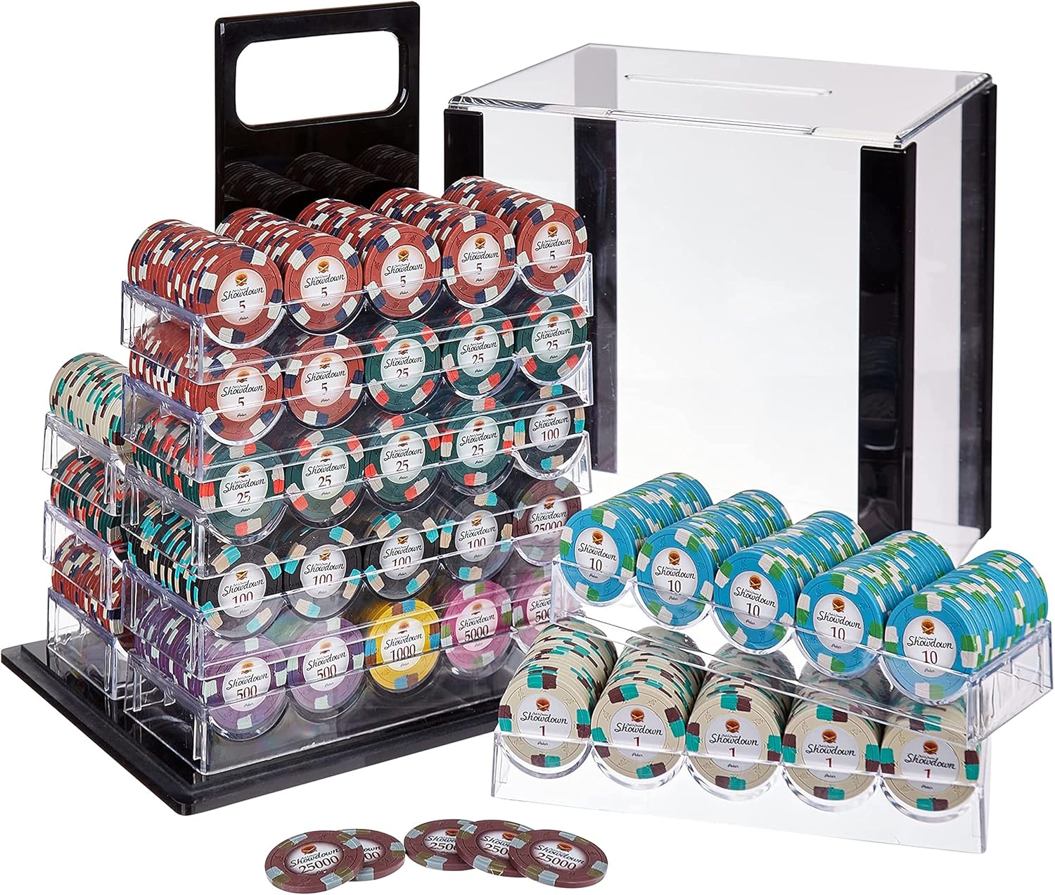 Showdown Poker Chips Set - 1000 Heavyweight (13.5-Gram) Clay Composite Chips, 10 Acrylic Trays, and Clear Carrying Case - Professional Casino Supplies, Kits, Holders, & Storage Container