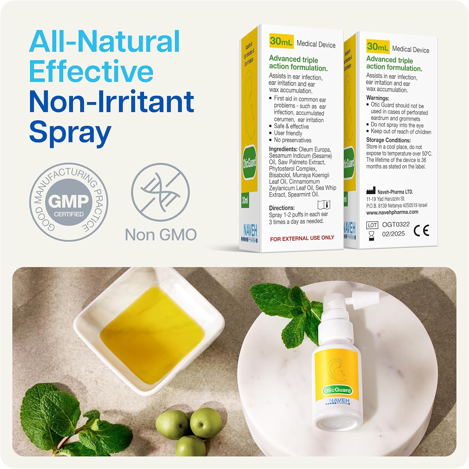 NAVEH PHARMA® Otic Guard - Natural Ear Spray Drops | Herbal Sweet Oil Blend 3 in 1| Itchy Ear, Swimmer's Ear, & Ear Wax Removal | Clogged Ears | 1 Fl Oz