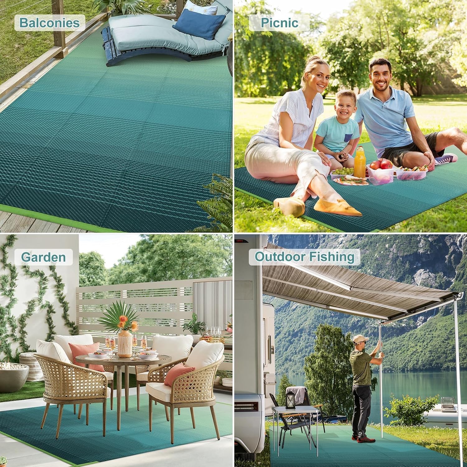Lahome Indoor Outdoor Rugs 9x12 Waterproof, Large Reversible Plastic Straw Outdoor Area Rug for Patio, Lightweight Portable Carpet for Backyard Garden Balcony, Blue Green 9'x12'