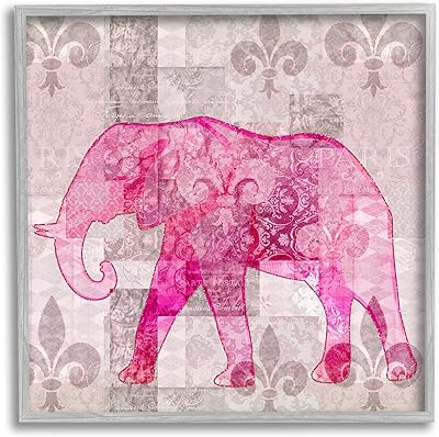 Stupell Industries Fleur De Lis Pink Elephant Pattern Framed Giclee Art, Design by Andrea Haase