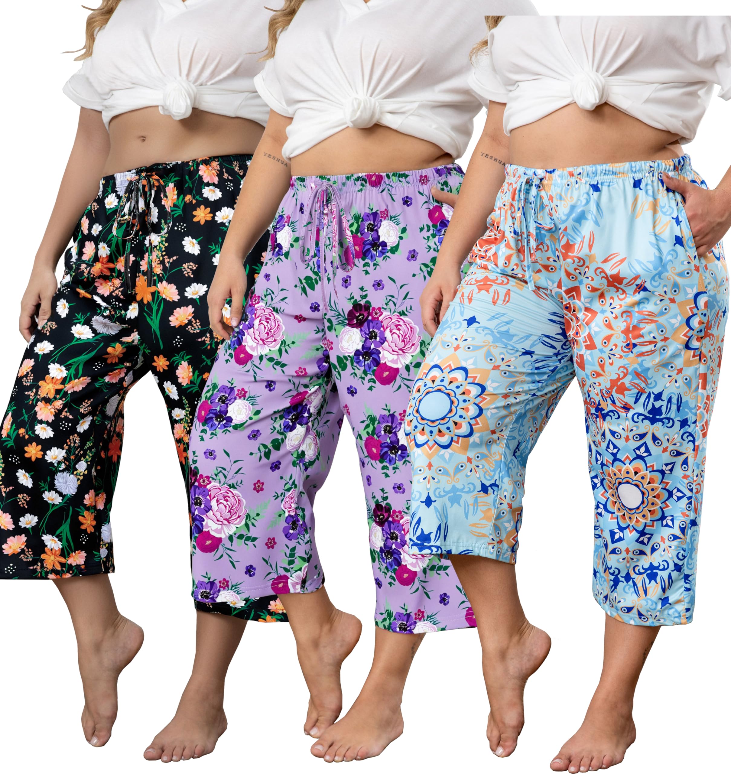 Vozanet 3 Pack Women Plus Size Capri Pajama Pants Sets Drawstring Pj Bottoms Casual Lounge with Pockets XL to 5XL