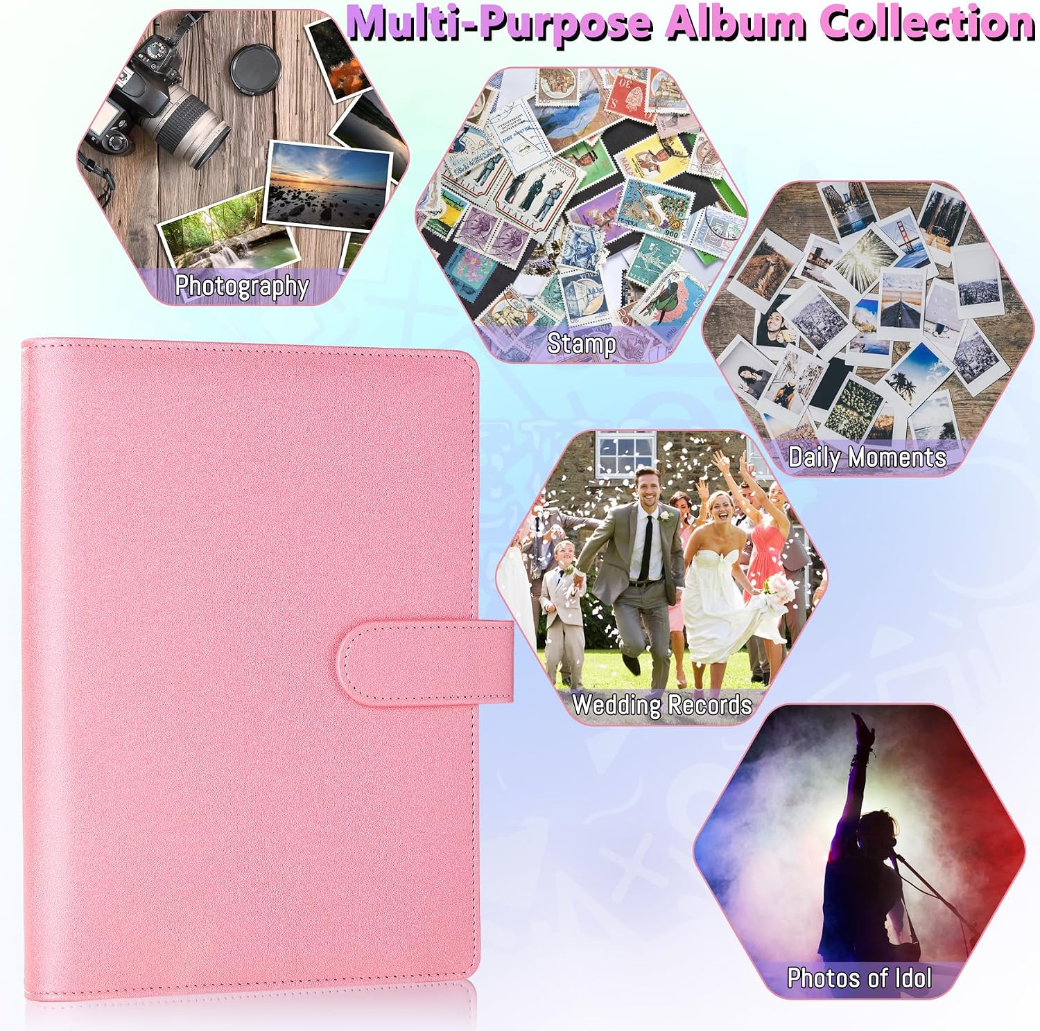 A5 Kpop Photocard Binder 6-Ring Card Collector Album with 40 Pack Card Sleeves, PU Leather Photocard Holder Book with Multi-Size Photo Protectors for Organizing Trading Cards, Glitter Pink