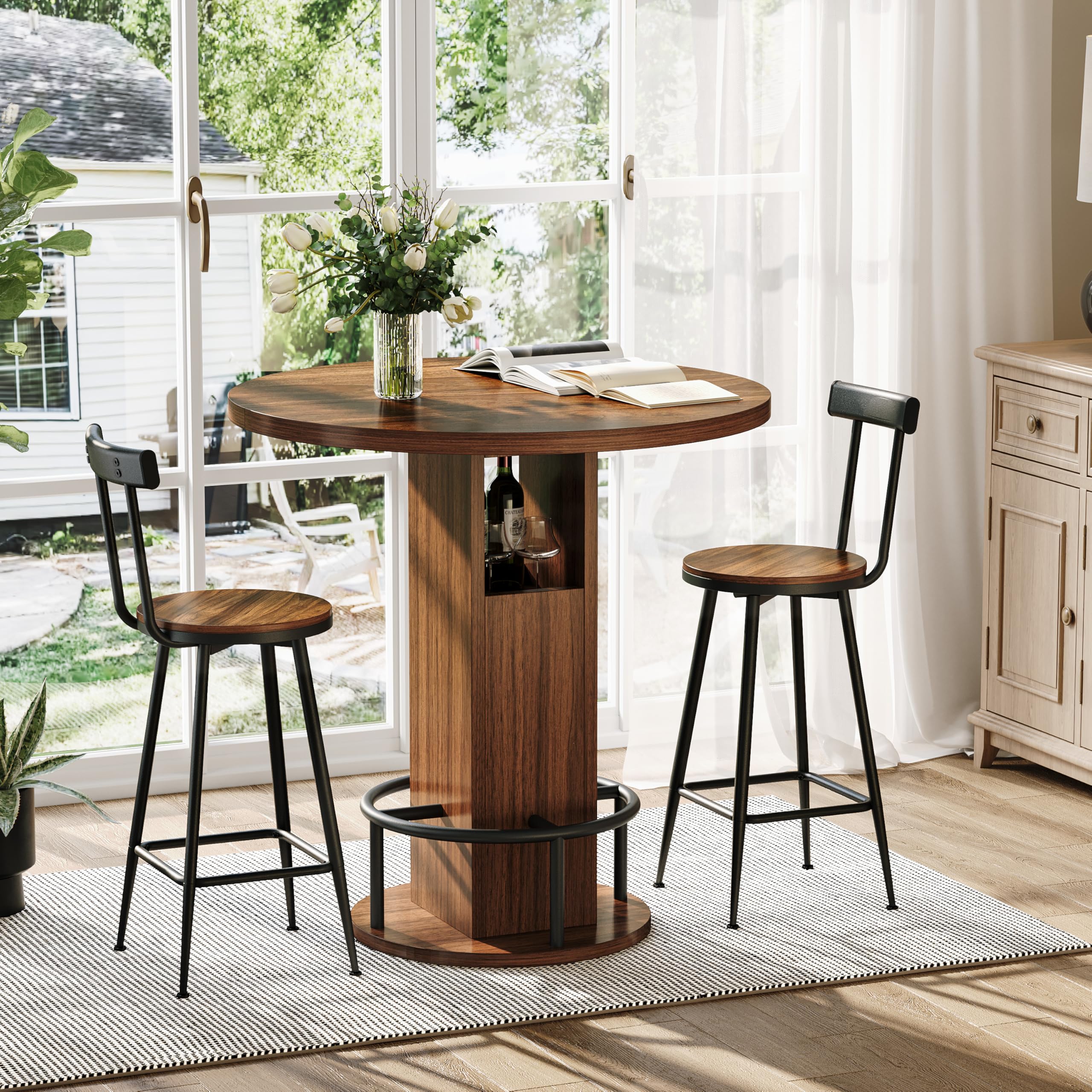 Set Tavolo da Bar con 2 Sgabelli in Legno e Acciaio, Cucina, Noce, 3 Pezzi