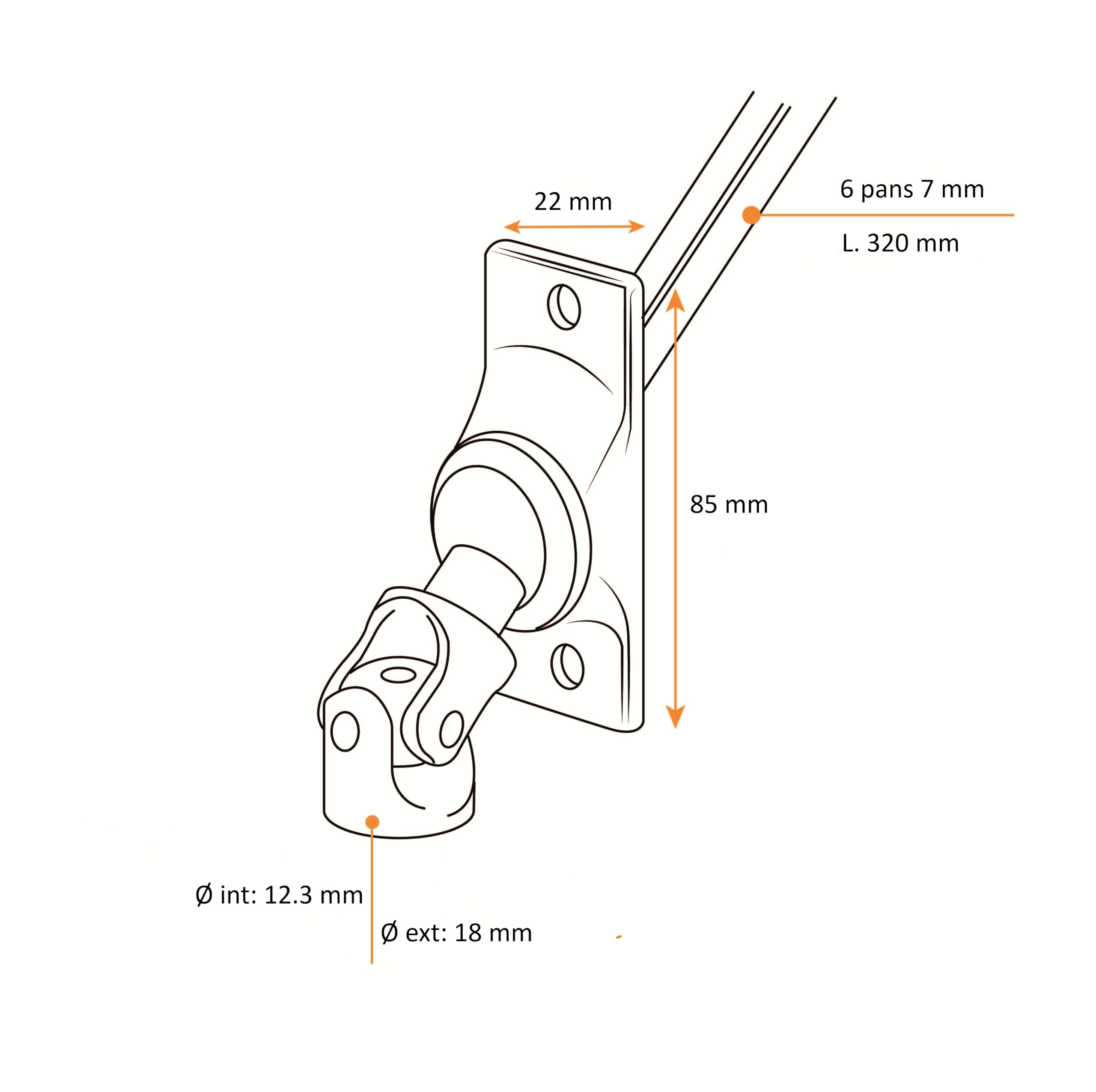 Sortie de Caisson en Nickel Chromé - Entrée femelle Ø 12 mm - Sortie 6 pans de 7 - Longuer tige 300mm - Geiger - Pour Sortie de caisson 45° ou 90 ° - Mécanisme de Volet Roulant Manuel et Store