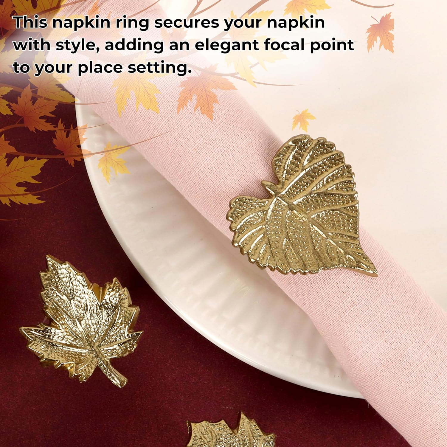 CLEENTABLE Metal Leaf Napkin Rings, 12-Pack, Antique Gold