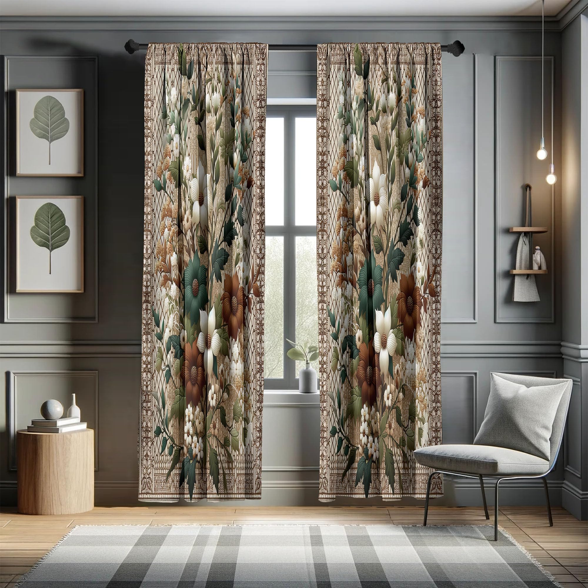 ABAKUHAUS Floral Set of 2 Curtain Panels, Tender Corsage of Flowers and Leaves, Window Treatment for Bedroom and Bedroom, 2 Pieces 75 cm x 245 cm, Umbra Brown Cinnamon Dark Teal