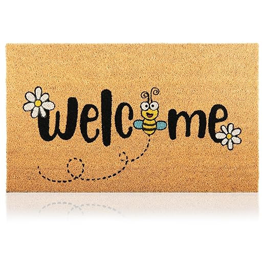 Bee - 17"x29" - Coir Door Mat with Heavy Duty Backing - Welcome Mats for Entryway, Porch - Anti-Slip PVC & Coconut Fiber Surface - Natural Home Accessories, Minimalist Original Design