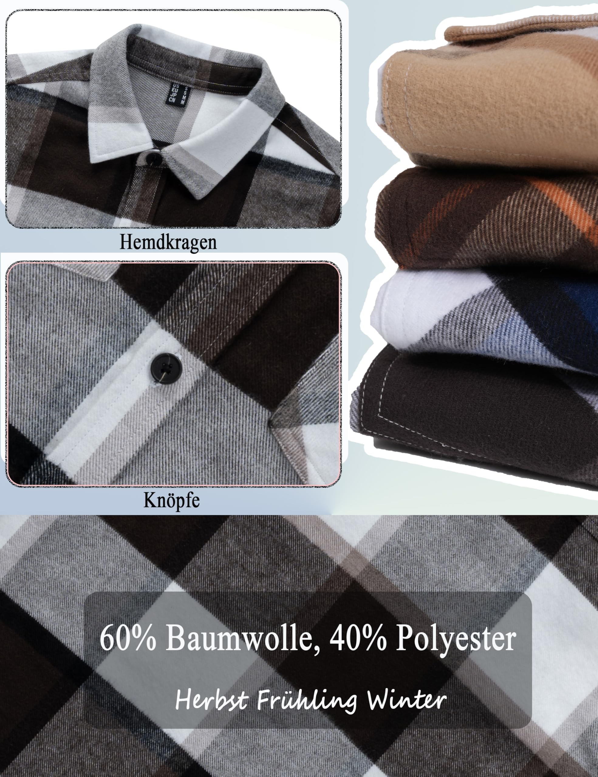 TACVASEN Flanellhemd Herren Hemd Kariert Baumwolle Thermo Holzfällerhemd | Warm Freizeit Hemden mit Brusttasche