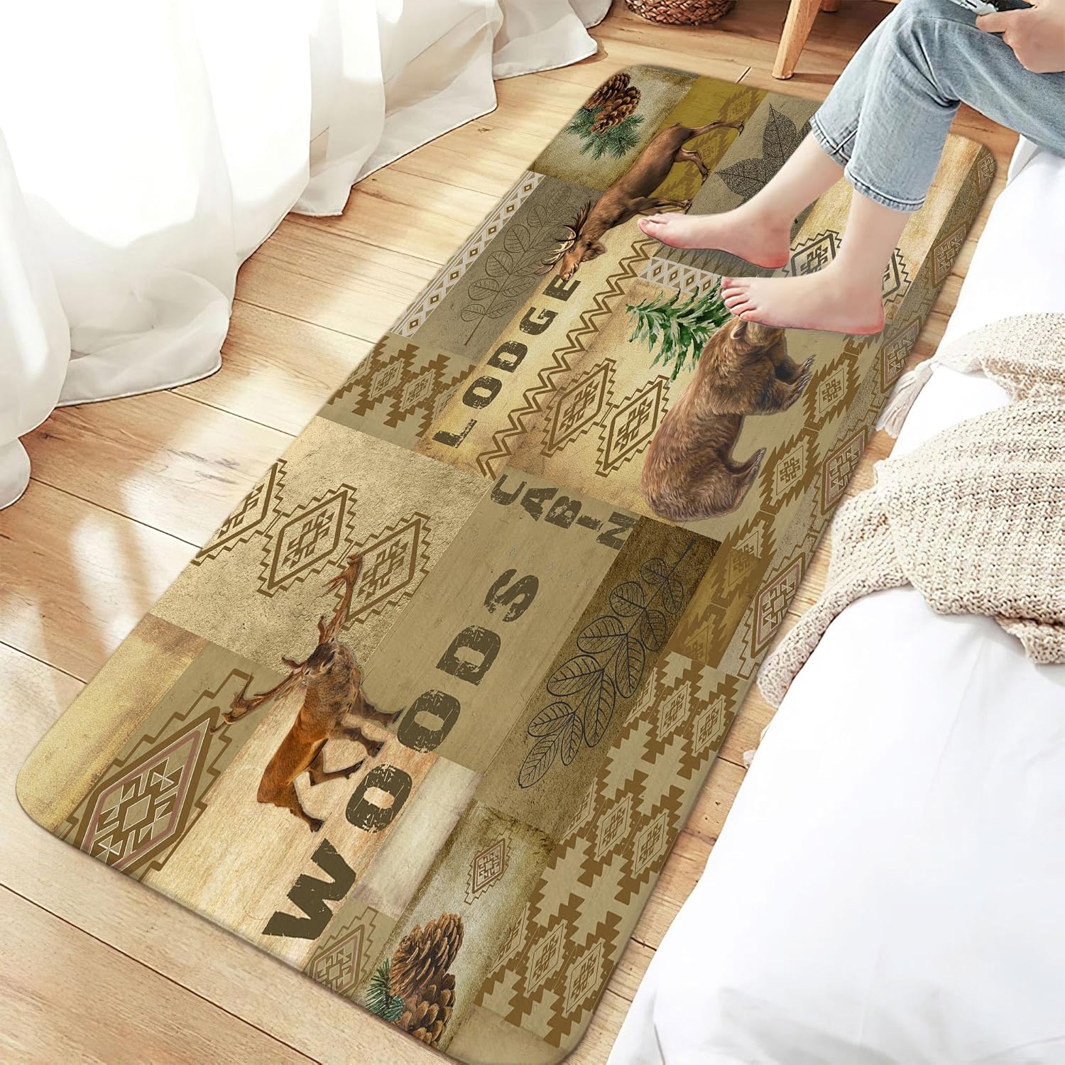 Rustic Cabin Bath Rugs for Bathroom, Country Bear Deer elk Moose Patchwork Green Forest Woodland Lodge Wooden Board Bathroom Rug Bath Mat Set Floor Mats, Wild Animas Vintage Brown Doormat, 17x48inch