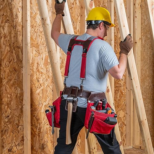 Miniatura 12 de Bucket Boss Cinturón de herramientas Hyrbid de cuero con tirantes en rojo, 55505-RD