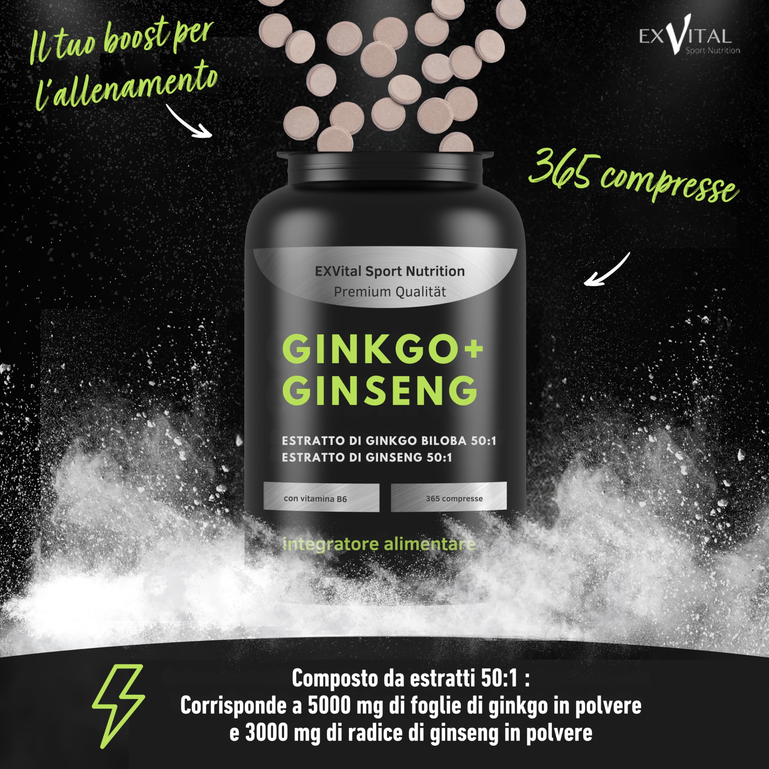 EXVital® Ginkgo + Ginseng, 365 compresse, estratti vegetali 50:1, altamente dosati, Ginkgo Biloba e Ginseng coreano, Testato in laboratorio, Vegano