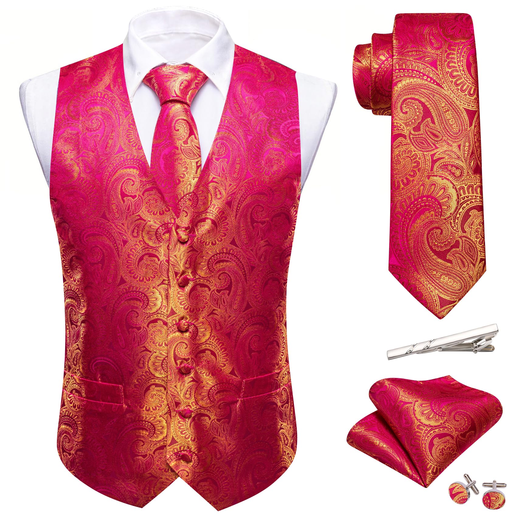 Barry.Wang Mens Suit Vest Floral Silk Waistcoat Ties Formal/Leisure 5PCS