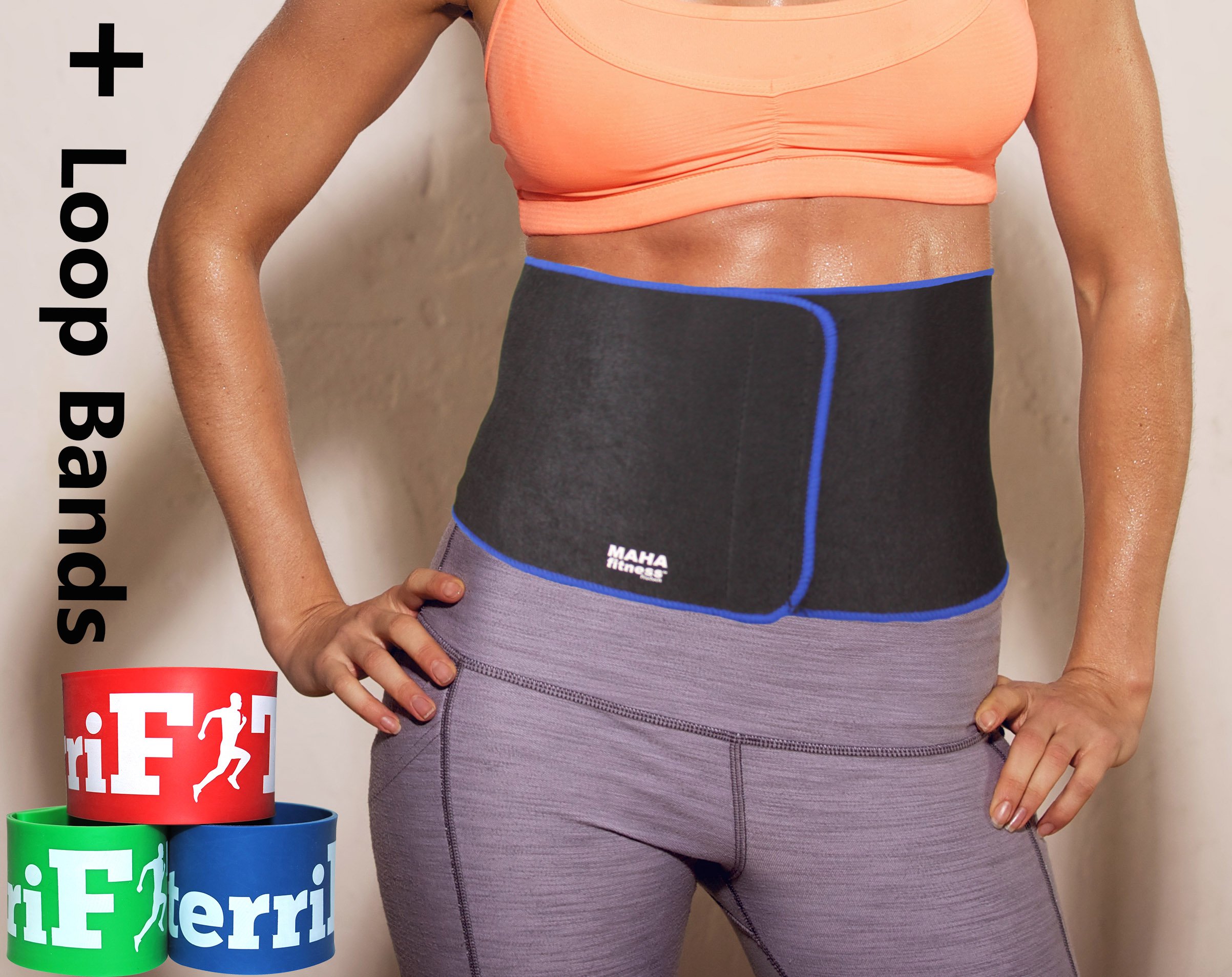 Flat Stomach Wrap | Waist Sweatband | Sweat Workout Enhancer | Stomach Slimmer | Heat Sauna | Premium Waist Trimmer Ab Toning Belt Bundle (Maha Fitness) + 3 Loop Bands + BONUS ebook | Men | Women