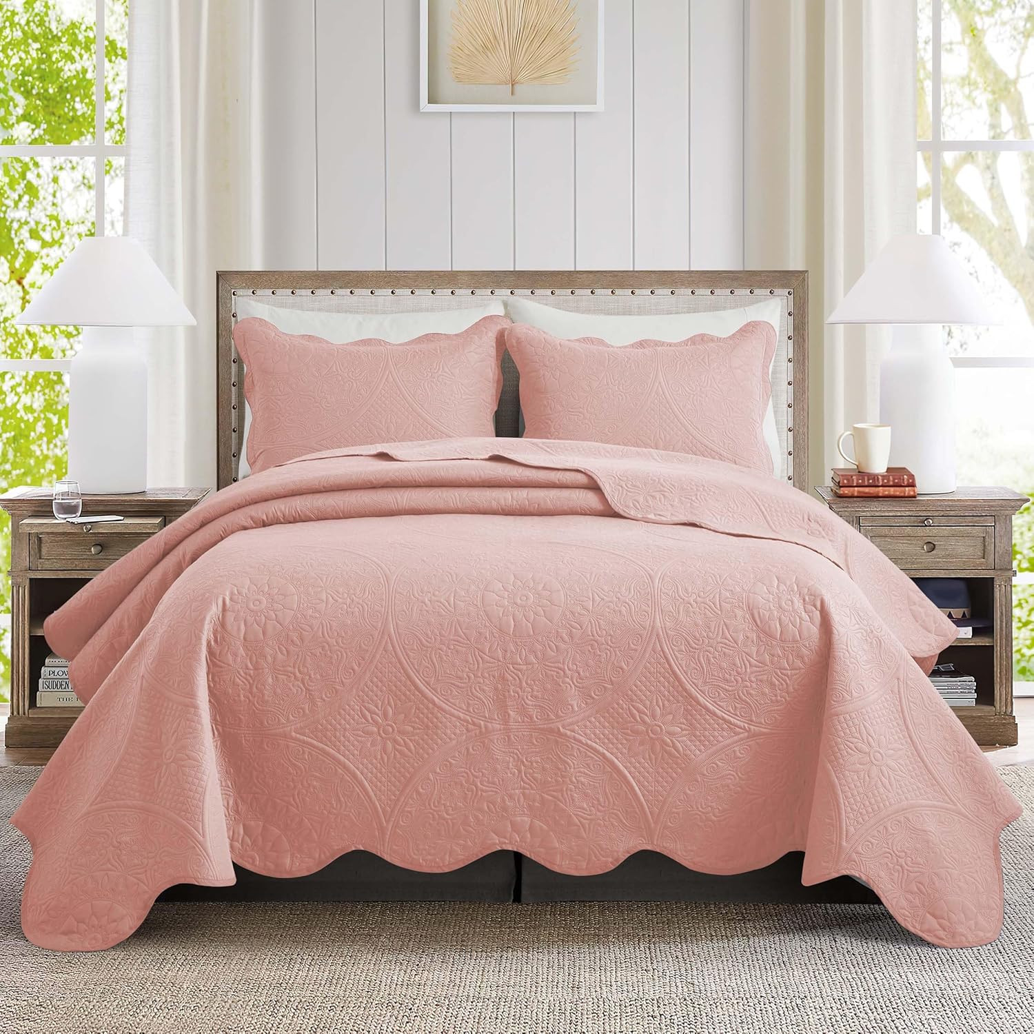 IR Imperial Rooms Twin Quilt Bedding Set Size (68" x 86") + 1 Pillow Shams (20" x 26"+ 2") - 2 Pcs All Season Lightweight Reversible Microfiber Coverlet Floral Embossed Quilt Bedspread (Baby Pink)