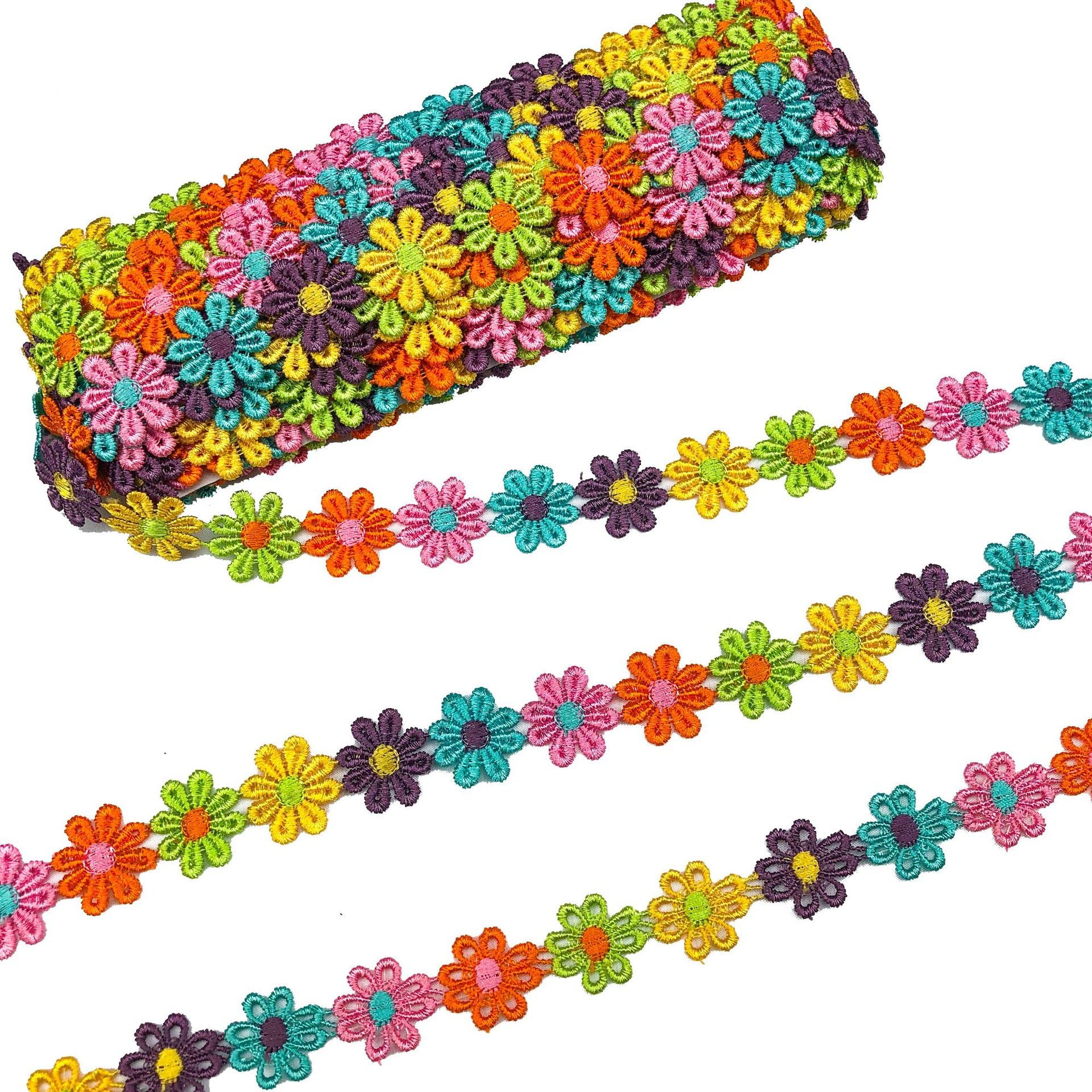 CENPEK 15 Yards 2.5cm Width Colorful Daisy Flower Lace Trim Ribbon Rainbow Sewing Craft Lace for Wedding Bridal Decoration DIY Sewing Embellishment
