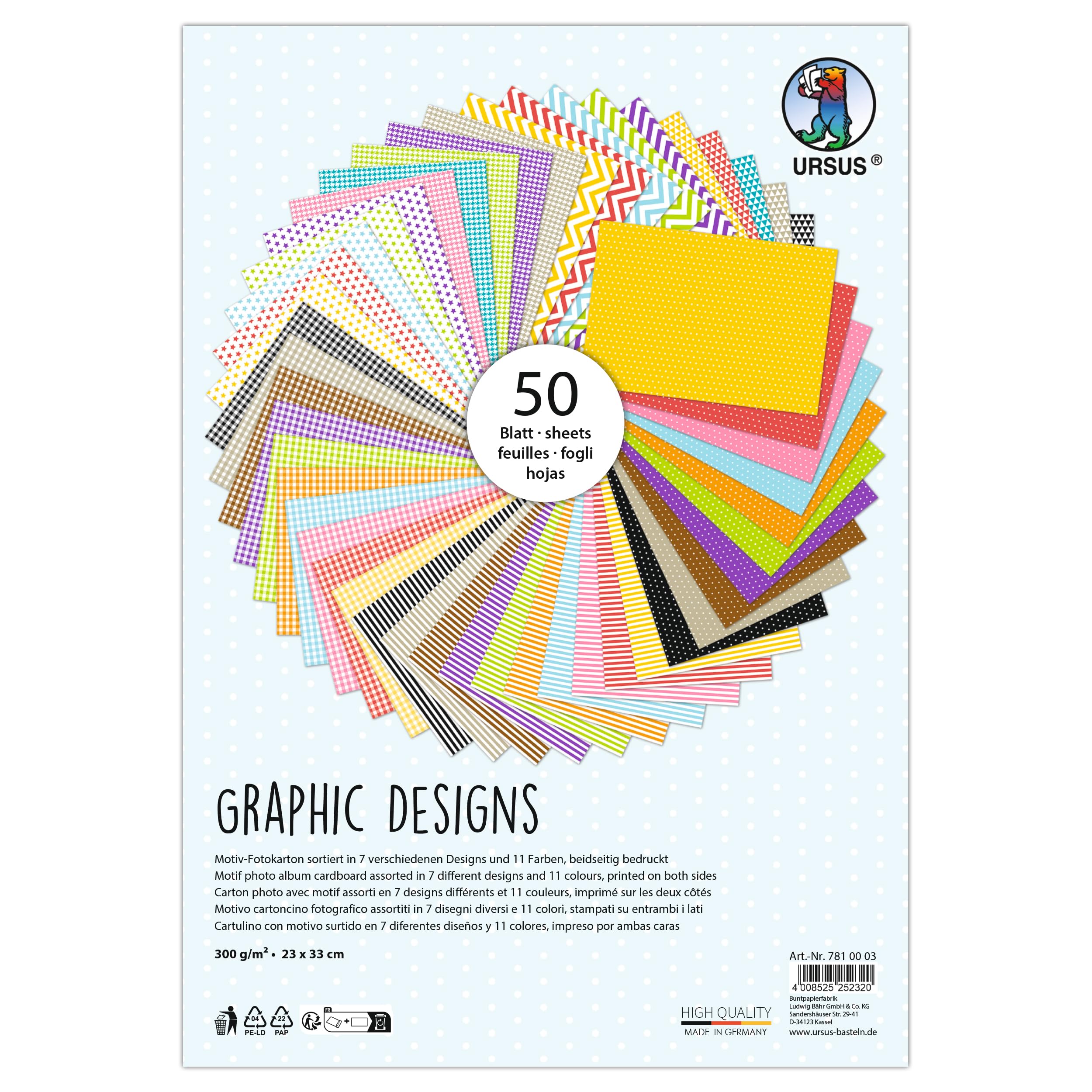Ursus 7810003 Photo Card, Graphic Designs, 50 Sheets, Approx. 23 x 33 cm, 300 g/m², Printed on Both Sides with 7 Different Designs and 11 Colours, Made of Fresh Cellulose, for Versatile Crafts