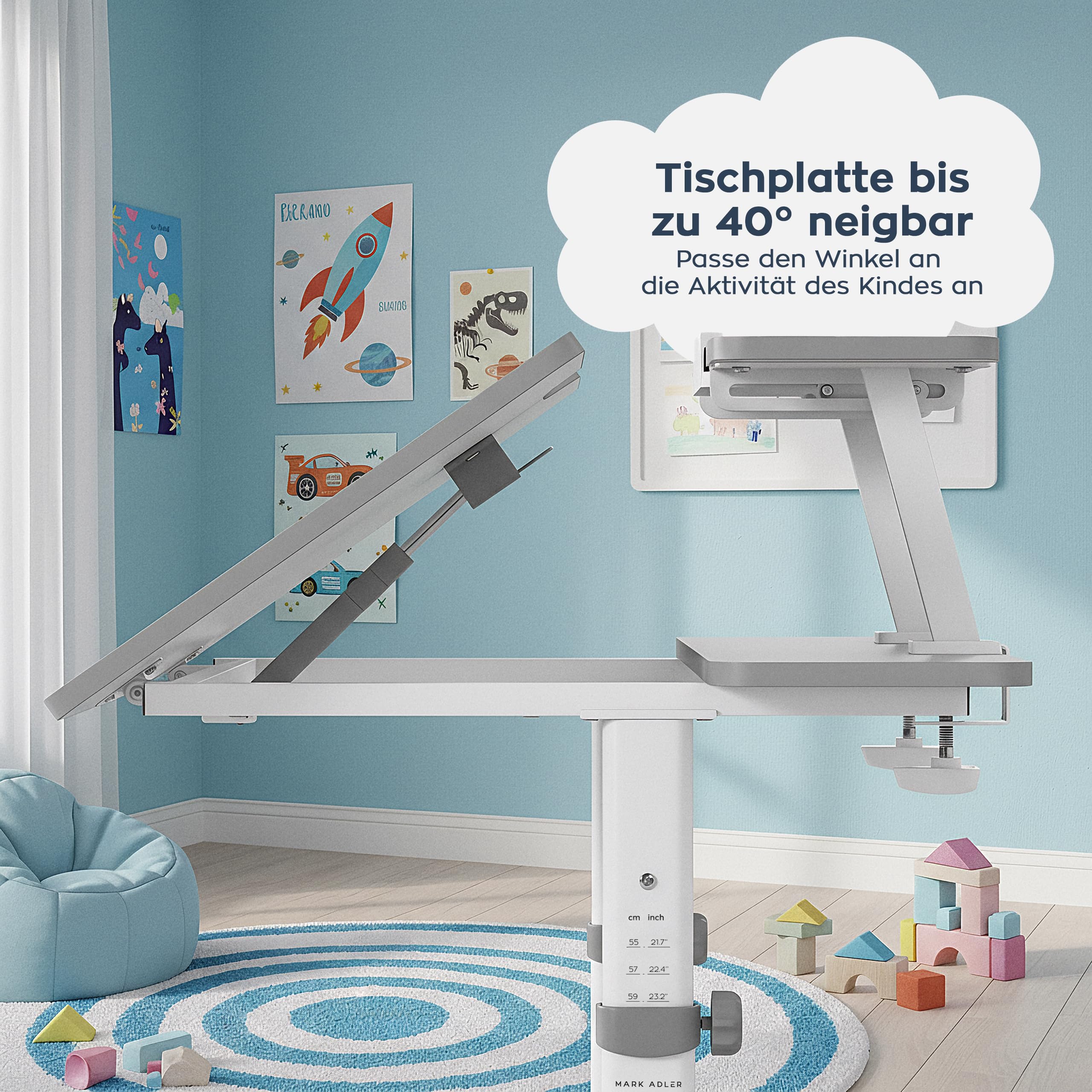 MARK ADLER Study 3.7 – Kinderschreibtisch ab 6 Jahre – Schreibtisch höhenverstellbar Kinder 55–75 cm – 90x60 cm – Belastbarkeit bis 75kg – Neigbare Tischplatte 40° – Mit Buchstütze und Ablage – Grau