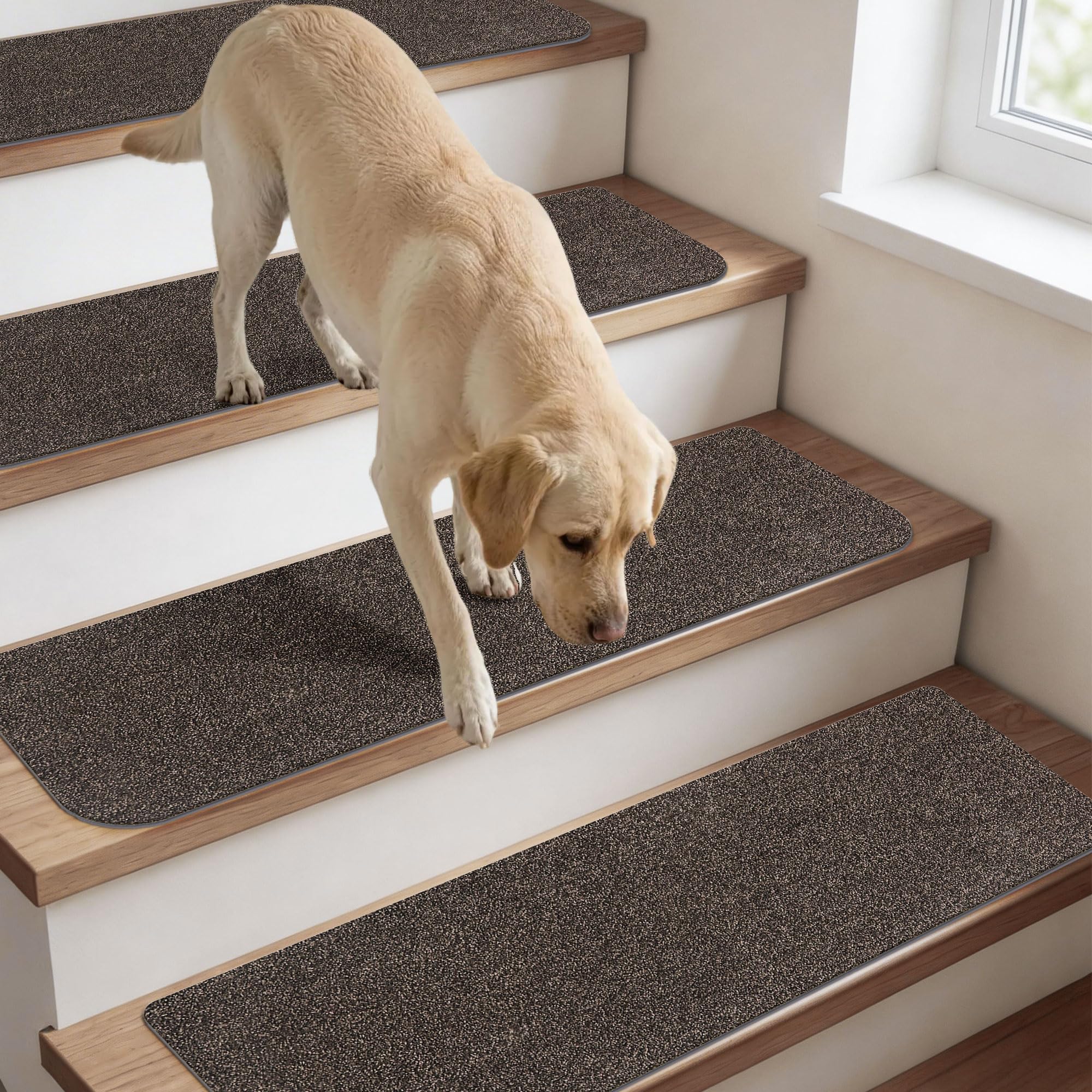 COSY HOMEER Lot de 15 tapis d'escalier, autocollants, 70 x 22 cm, découpables, lavables en machine, 100 % polyester, dos en TPE, sécurité pour enfants, personnes âgées et animaux domestiques, marron