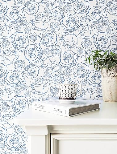 Miniatura 2 de Safiyya Papel tapiz autoadhesivo de 118 x 17.3 pulgadas, papel de contacto azul y blanco, papel tapiz floral con rosas florales, papel de pared