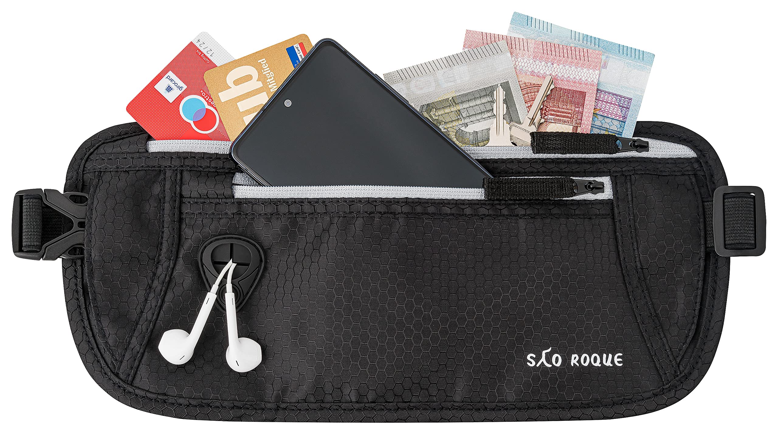 SAO ROQUE ® Bauchtasche Damen Herren, Reisepasshülle Gürteltasche Reise Gadgets mit RFID Blocker, Hüfttasche stylisch, Geldgürtel flach (Schwarz)