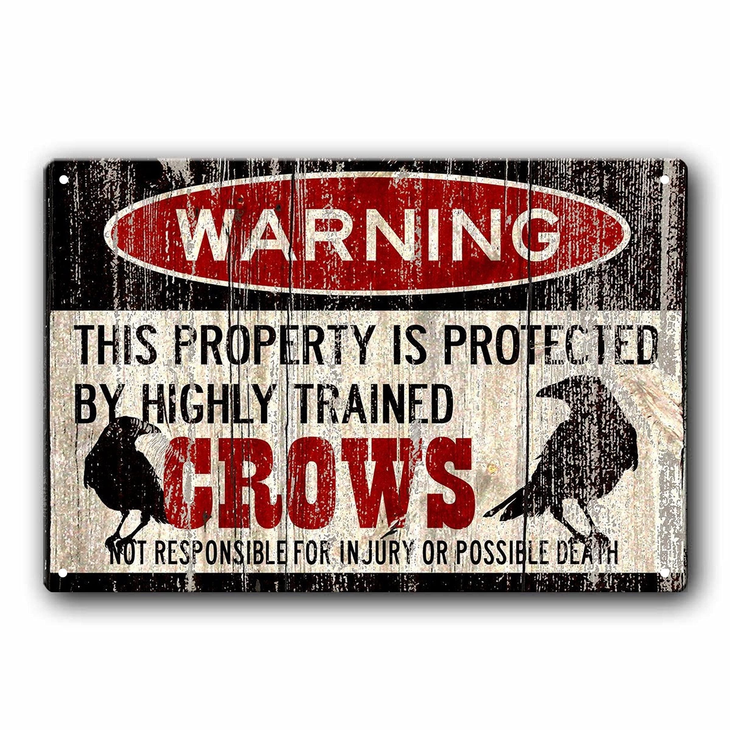 Funny Funny Crows Warning This Property Is Protected By Highly Trained Crows Vintage Bar Man Cave Cafe Office Garage Bathroom Home Wall Decoration Tin Sign 8x12 Inch