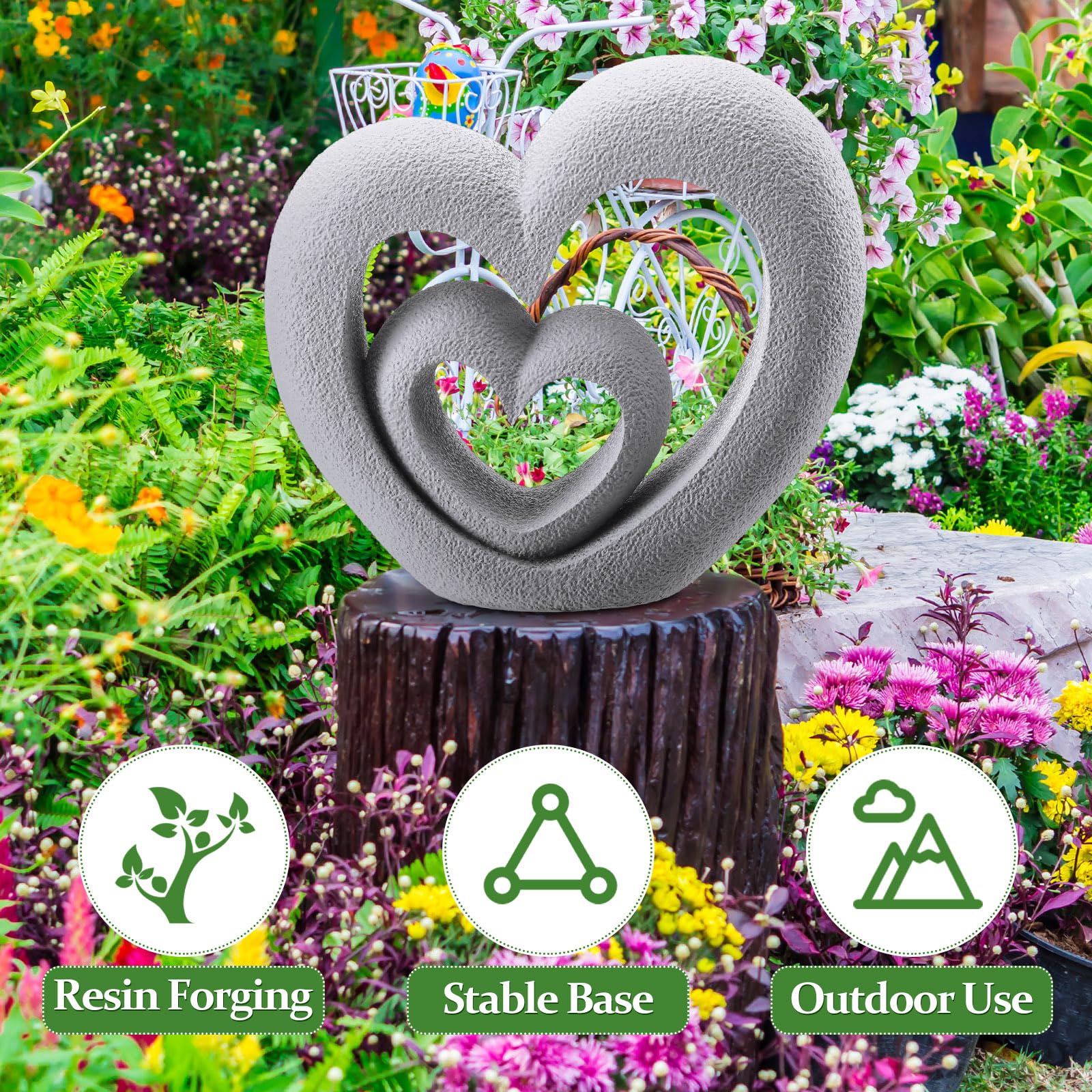 Suzile Escultura de jardín de resina con forma de corazón anidado, decoración de regalo para el Día de los Caídos, estatuas de jardín al aire libre, 13.39 x 12.2 x 3.15 pulgadas, estatuas