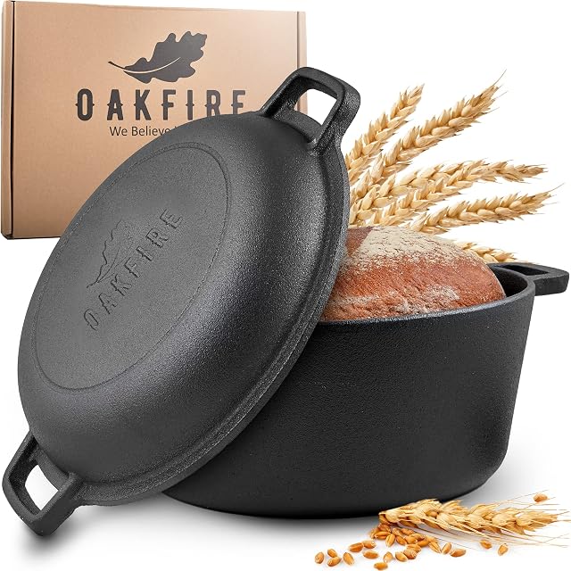 Oakfire Żeliwny garnek 2 w 1 z patelnią, Ø 26 cm 4,6 l, garnek do pieczenia, garnek do duszenia duszenia kazań, wypalany z powłoką zapobiegającą przywieraniu, 4 elementy, SpreadHeat wspaniały aromat
