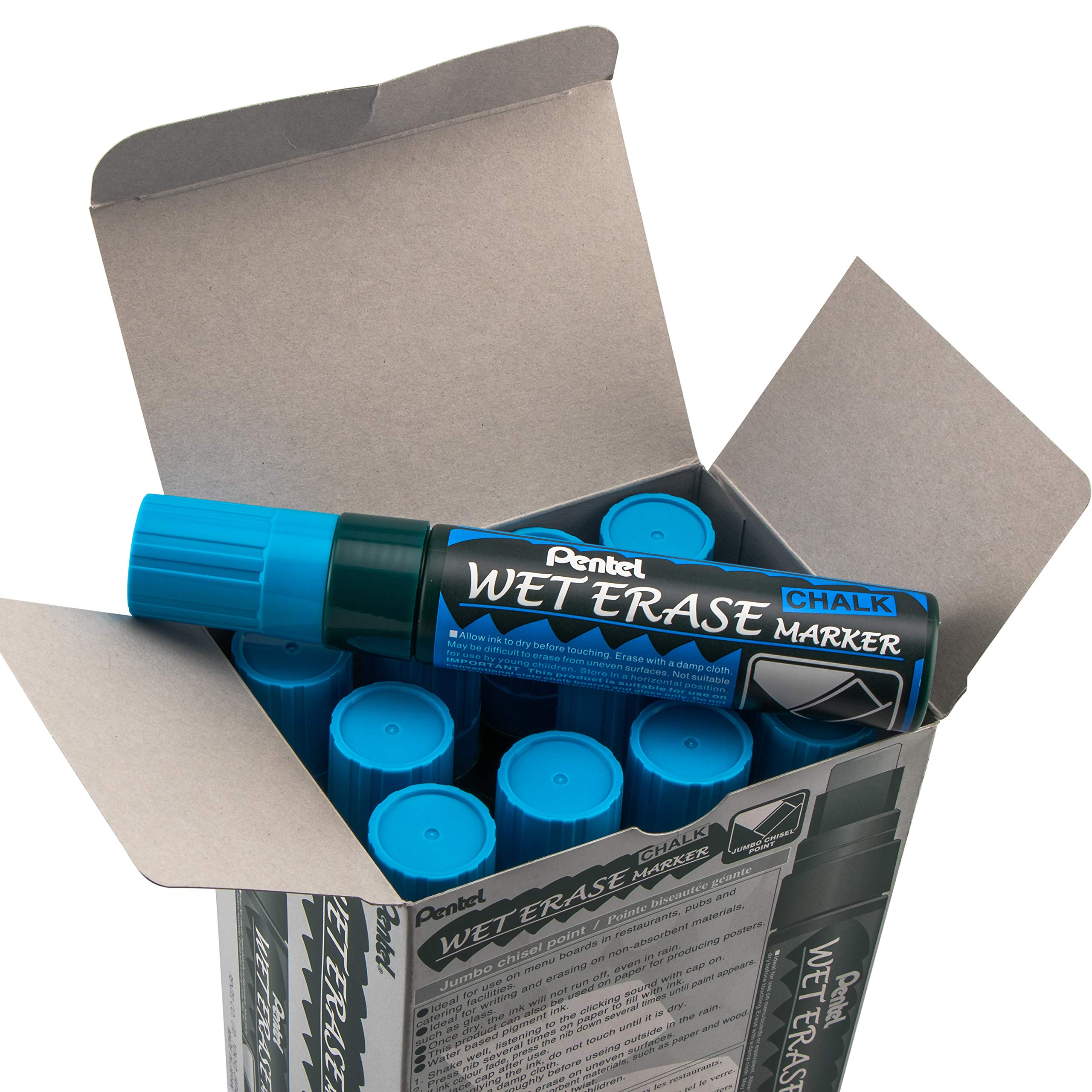 Pentel Arts Marqueur à craie effaçable humide Pointe biseautée Jumbo 12 Pack bleu