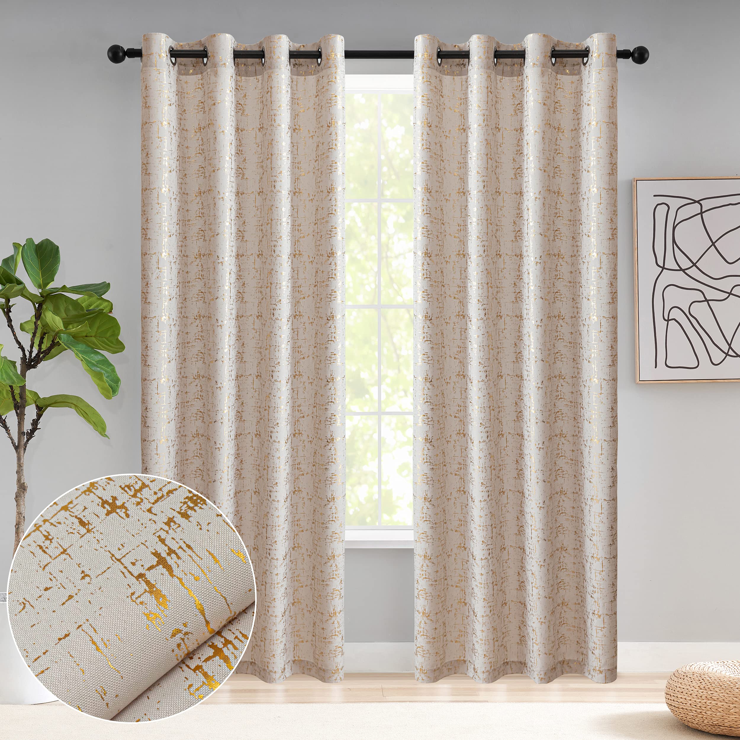 Taisier Home Gold Foil Print Linen Textured Curtains - Geometric Dots Pattern Design for Bedroom & Living Room - Thermal Insulated Window Treatment, 2