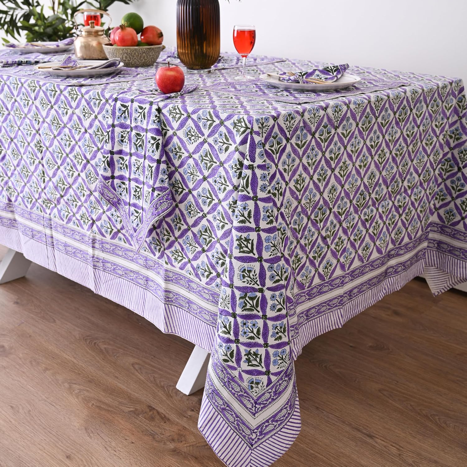 Hand Block Printed Tablecloth – Colorful Floral Print | 100% Cotton | Indian Artisan Handmade Art | Dining Room, Kitchen, Outdoor Décor, (Royal Purple Flora, 60 x 60 Inches Square) image 3