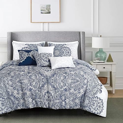 Blue and White Paisley Comforter Set Queen Size Estime Medallion Bedding
