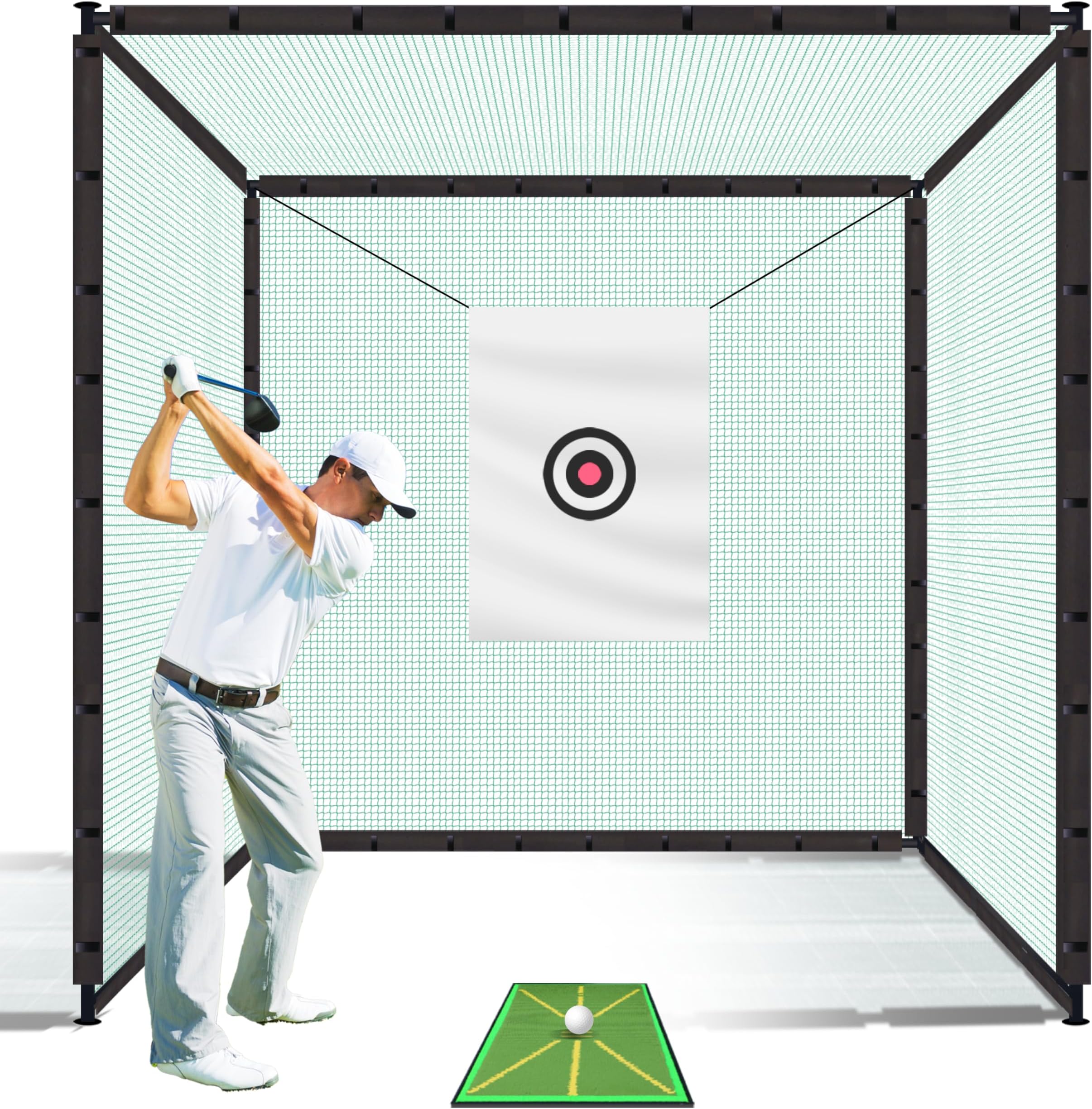 Golf Cage with Frame and Net - 10x10x10 Driving Practice Net Includes Target Cloth and Swing Mat - Green