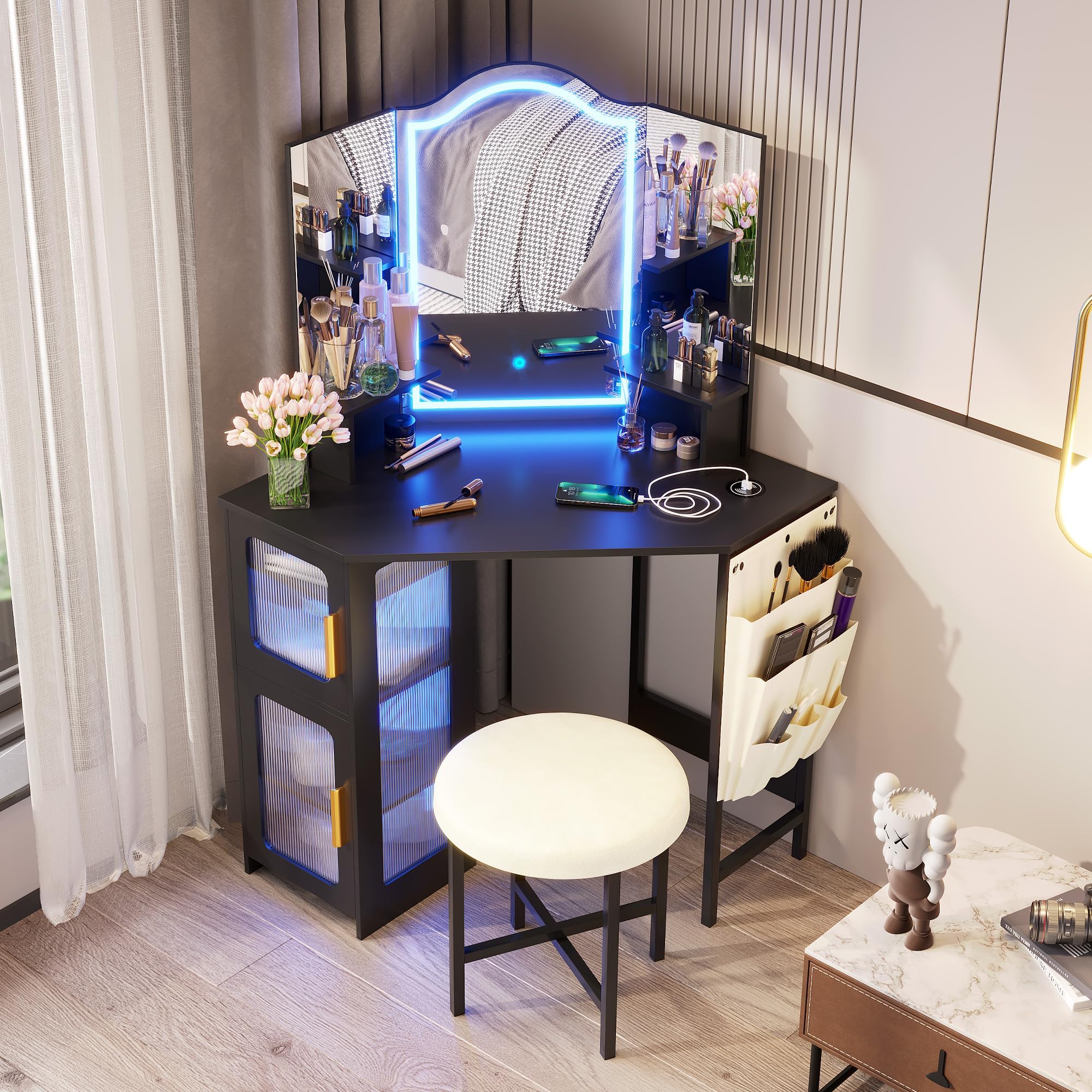 LVSOMT Corner Vanity Desk with Mirror and Lights, Makeup Vanity with Charging Station, Dressing Table with 3 Lighting Options, Vanity Set with Stool, Women’s Vanity for Bedroom, Black
