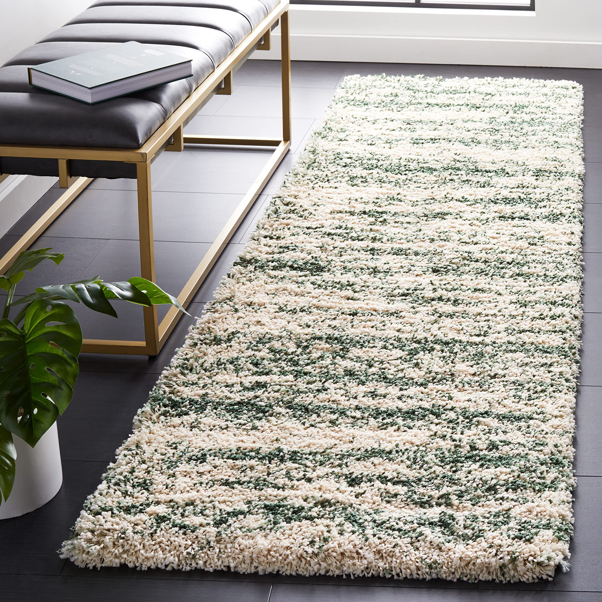 SAFAVIEH Hudson Shag Collection Runner Rug - 2'3" x 6', Ivory & Green, Modern Design, Non-Shedding & Easy Care, 2-inch Thick Ideal for High Traffic