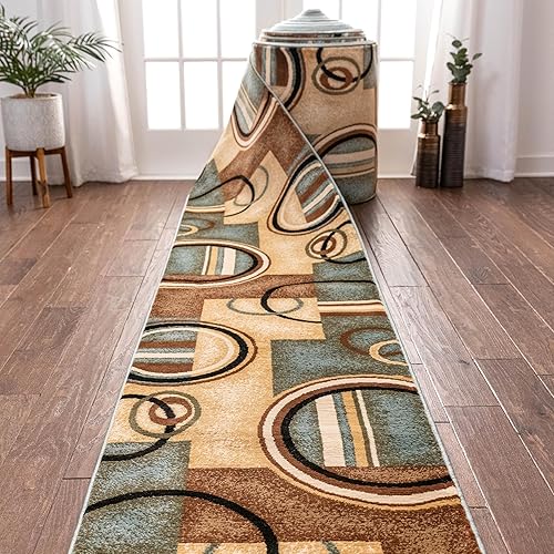 Well Woven Camino de escalera de pasillo de tamaño personalizado, elige longitud, anillos decorativos azul claro, geométricos, modernos, de 27 Well Woven Camino de escalera de pasillo de tamaño personalizado, elige longitud, anillos decorativos azul claro, geométricos, modernos, de 27