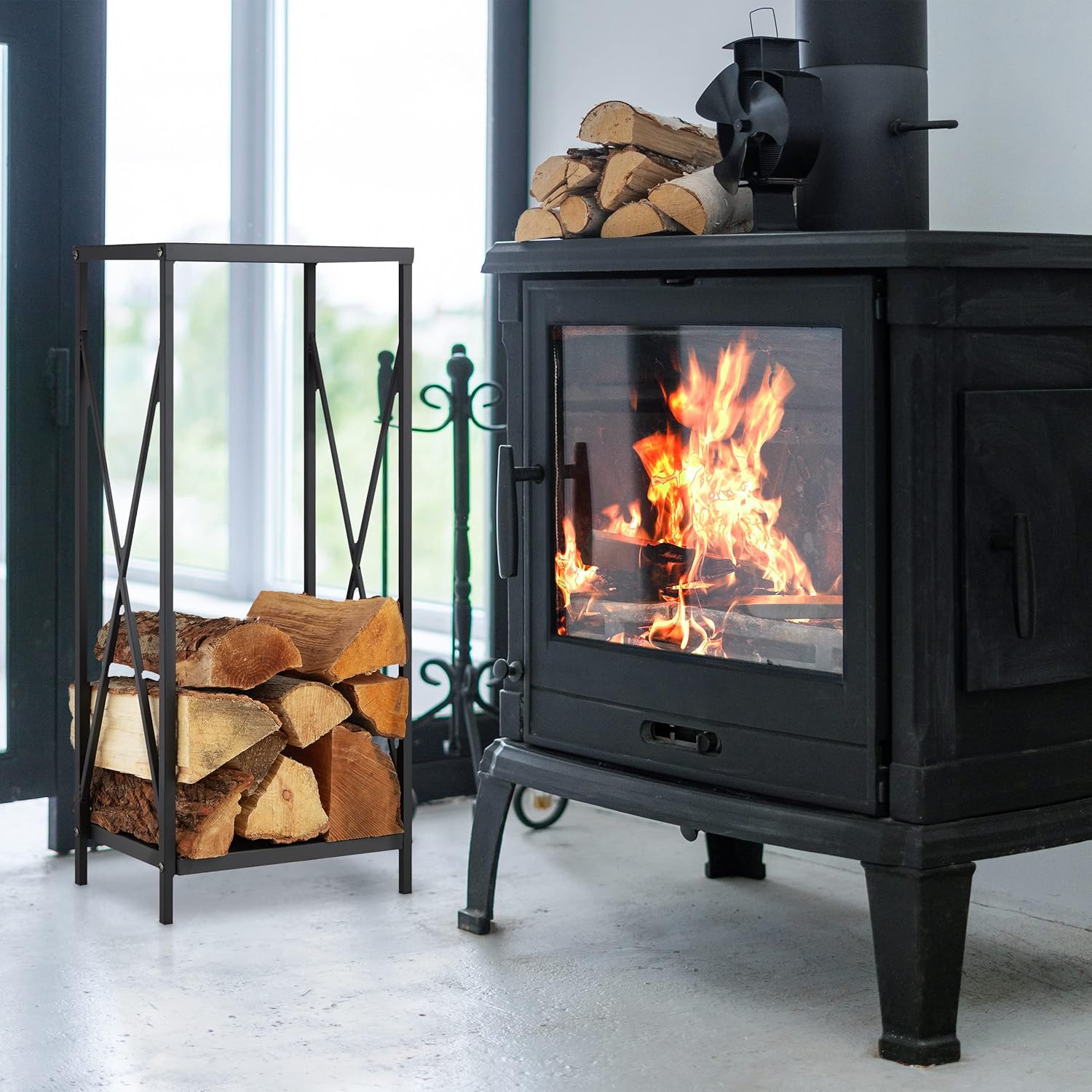 Relaxdays Firewood Storage Stand, Logs Rack for Indoors, Powder-Coated Metal, Wood Shelf, HWD: 80 x 34 x 25 cm, Black