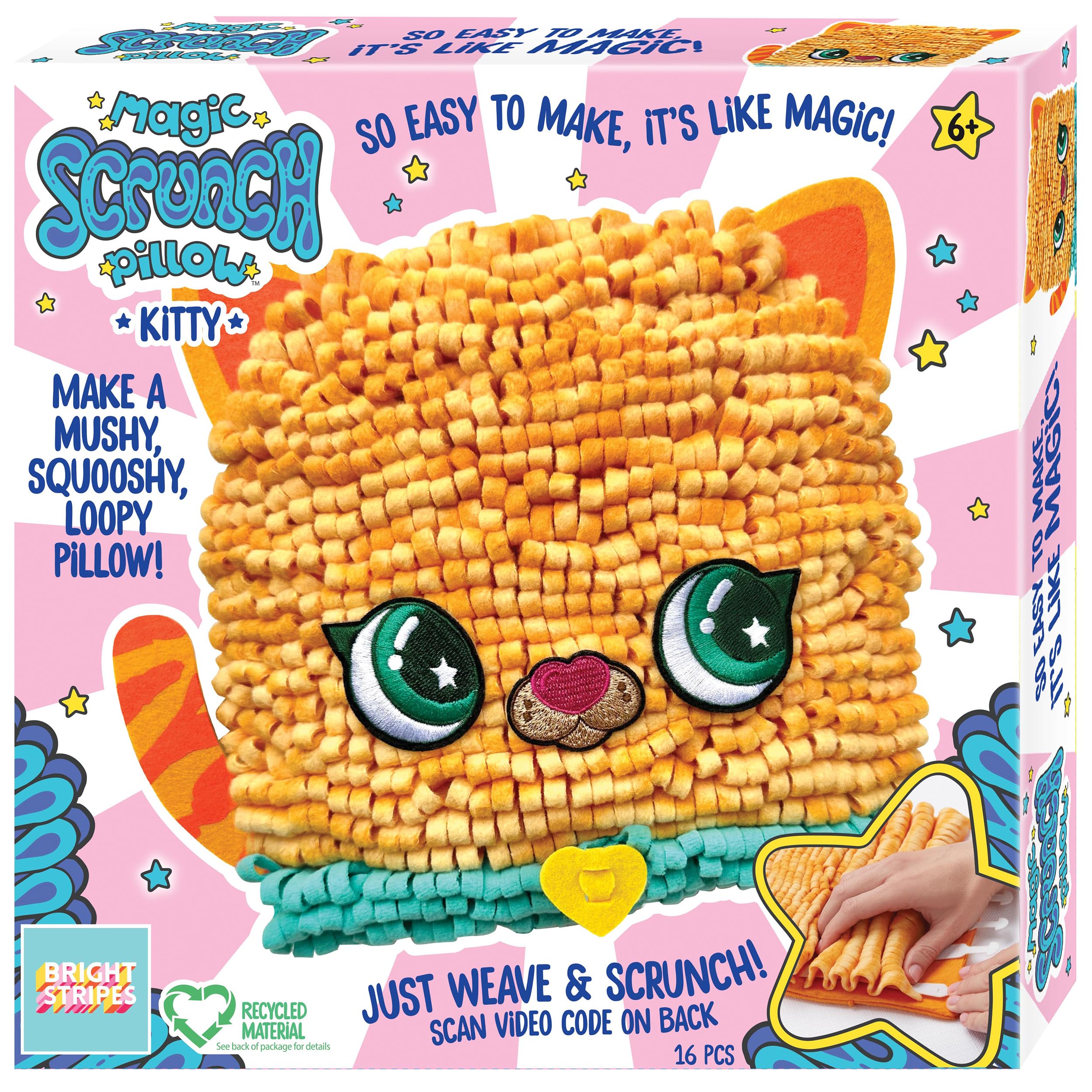 Bright Stripes Magic Scrunch Pillow Making Kit - No Sew Pillow Craft Kit for Kids - Make Your Own Pillow Kit - DIY Pillow Kit for Kids (Kitty)