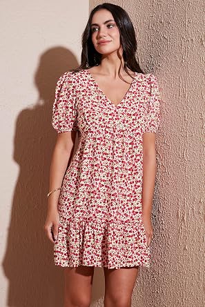 Lela Regular Fit V Yaka Balon Kol Desenli Mini Elbise Bayan ELBİSE 67810045