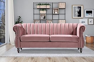 Container Furniture Direct Quinones Modern Chesterfield Channel Tufted Sofa with Nailhead Accents, 76.4", Rose