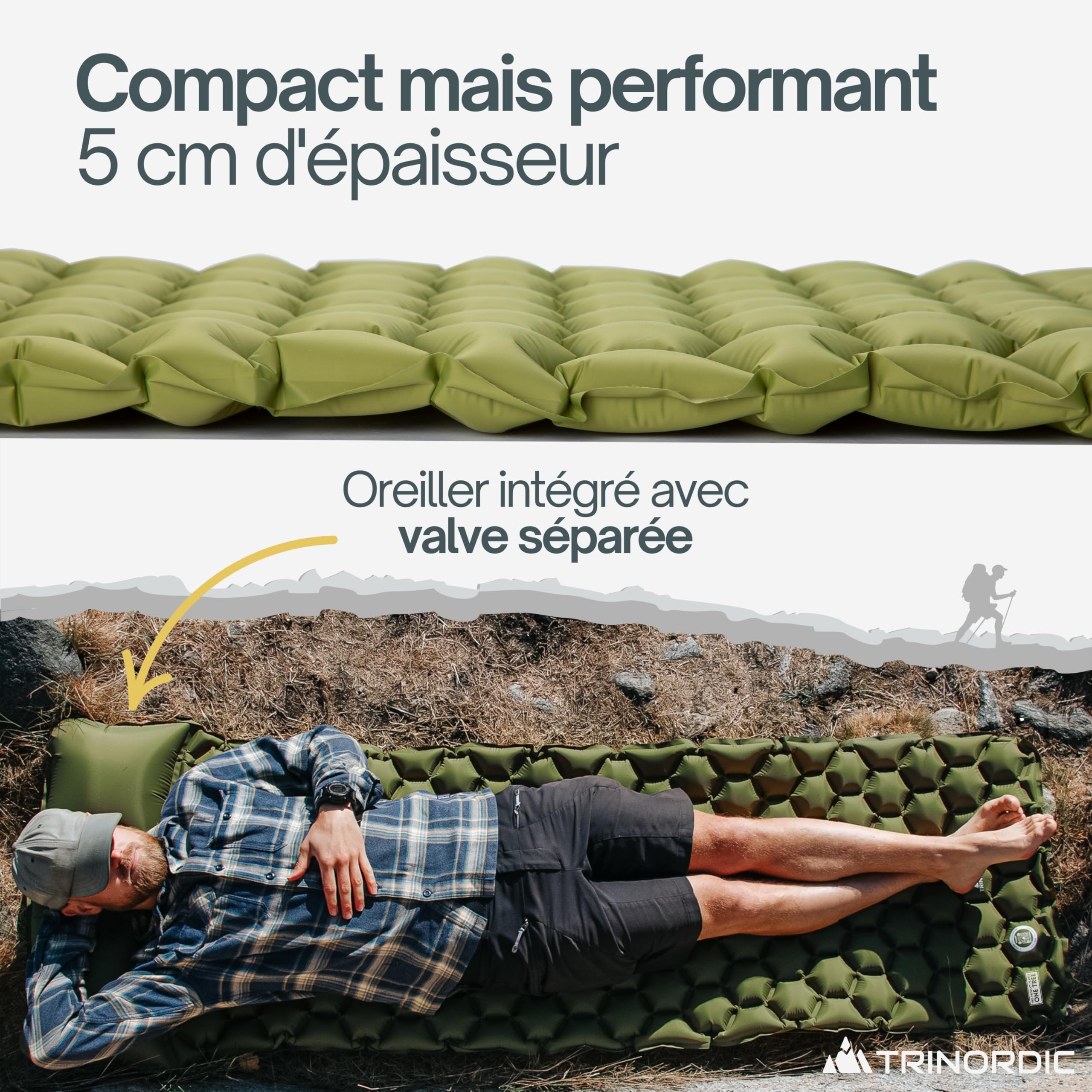 TRINORDIC Tapis de Camping Gonflable Ultraléger avec Oreiller - Matelas Pneumatique Simple pour Un Confort Optimisé - Matériel de Camping Durable et Léger pour Aventures en Plein Air