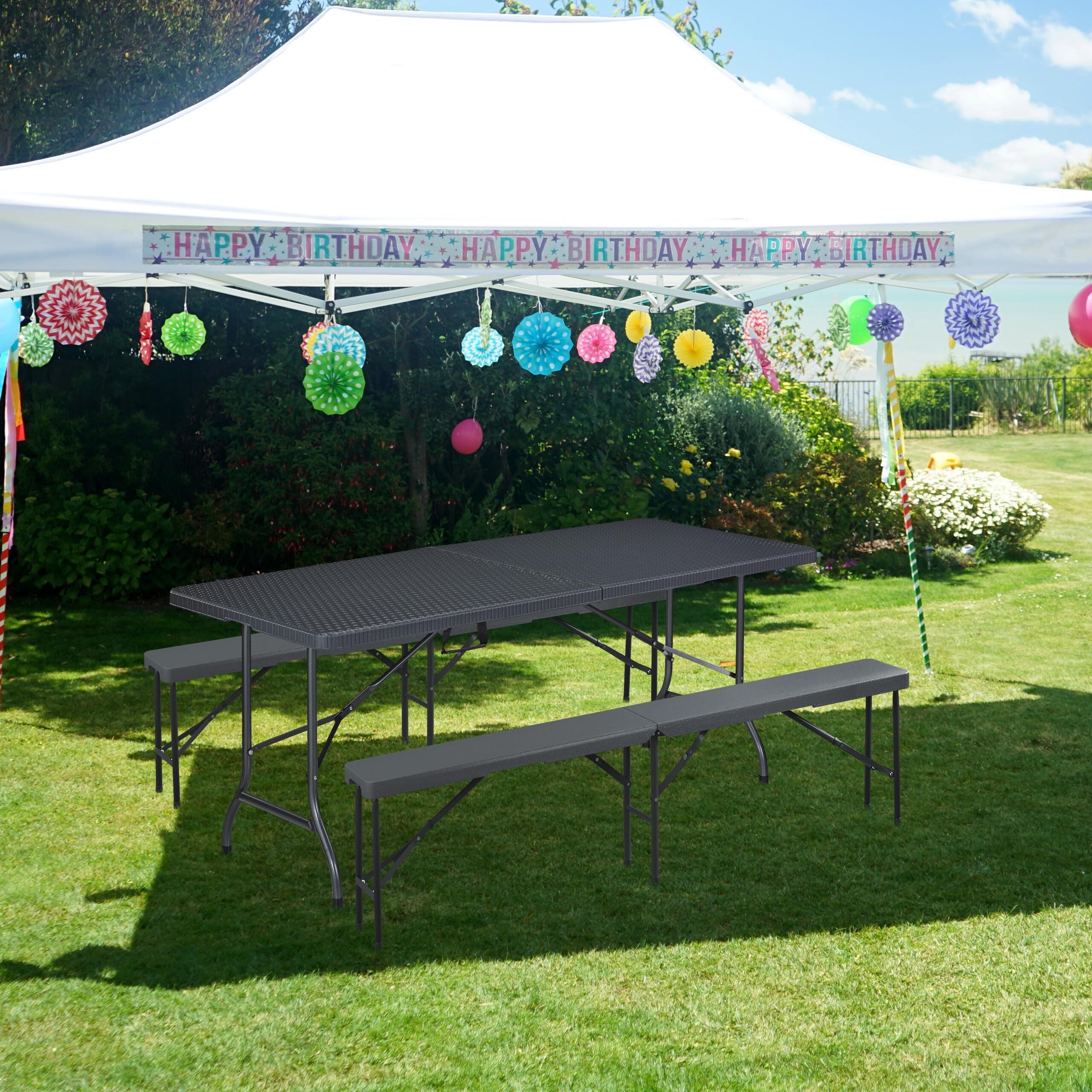 Relaxdays Juego 2 Bancos de Jardín, Plegables, Plástico, Acero, Asiento Camping, Balcón, 43x180x25 cm, Gris
