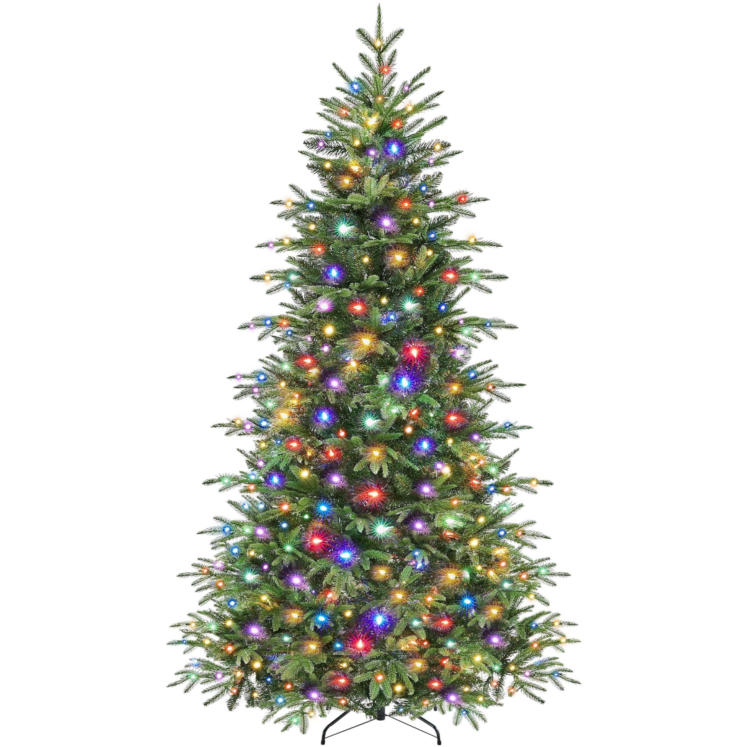 Yaheetech 7.5ft Pre-Lit Aspen Christmas Tree with 450 Multicolored LED Lights, 2136 PE & PVC Branch Tips, 9 Light Modes Lighted Artifical Noble Fir, Holiday Décor, Foldable Metal Stand