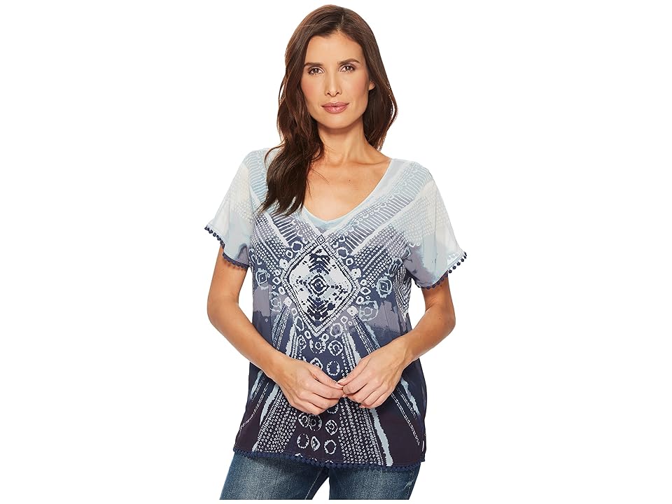 

Tribal Printed Cap Sleeve Blouse (Tile Blue) Women's Blouse