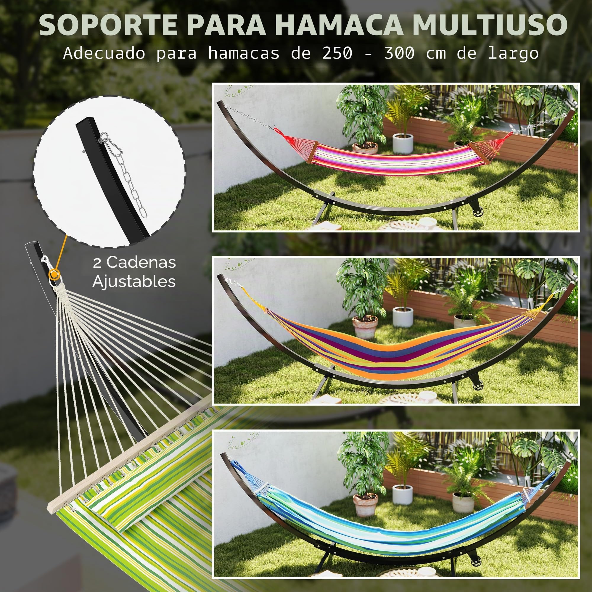 Outsunny Soporte de Hamaca de Metal con Ruedas, Soporte de Hamaca Carga máx. 150 kg con Cadenas, Ganchos, para Uso en Exteriores e Interiores, 337 x 118 x 118 cm Negro