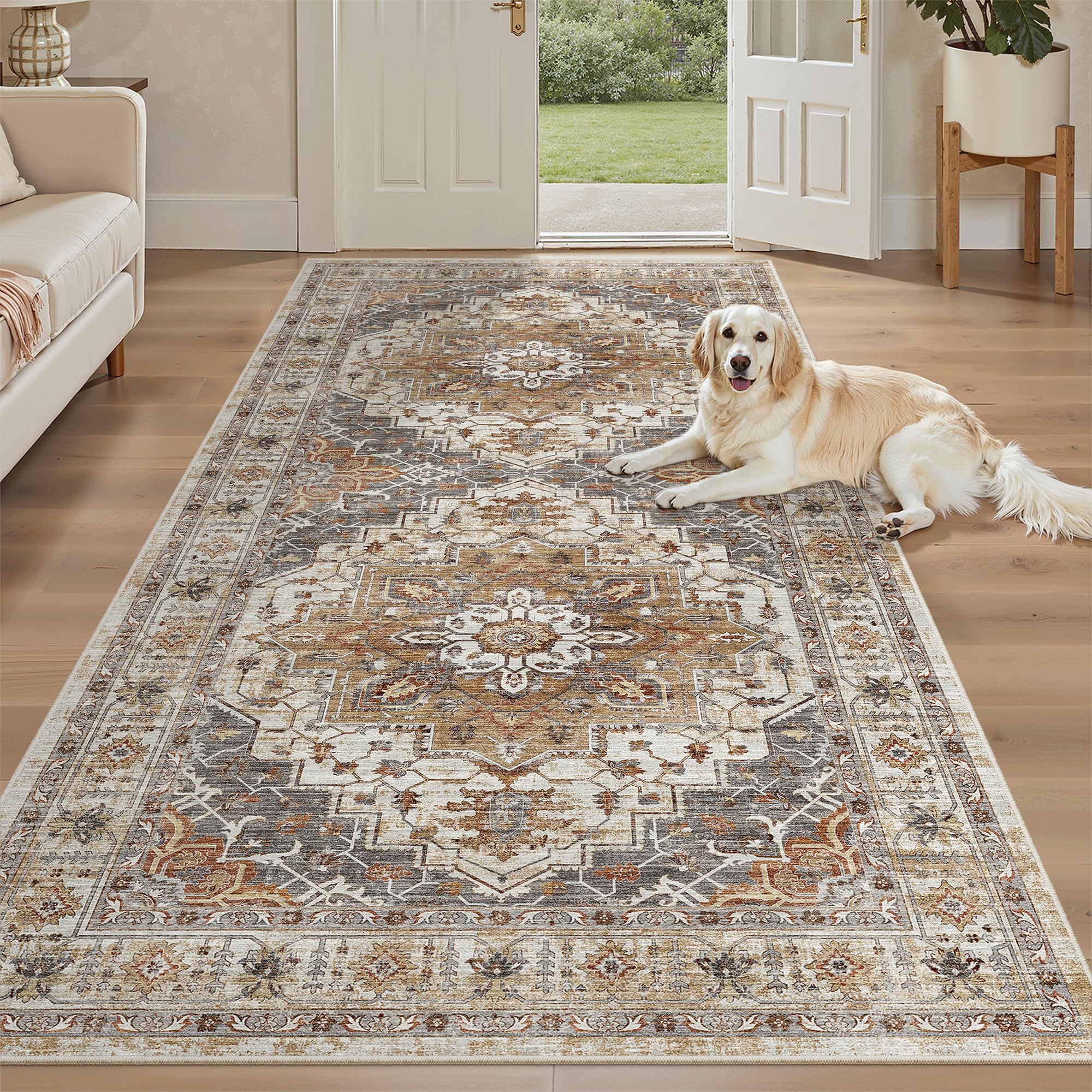 Photo 1 of Madane Hallway Runner Rug 4x8 Wide: Washable Thin Runners for Hallways Entry, Non Slip Soft Vintage Kitchen Rugs Low Pile Carpet Runners for Living Room Bedroom Dining Room Foyer (Turmeric/Grey,4x8)