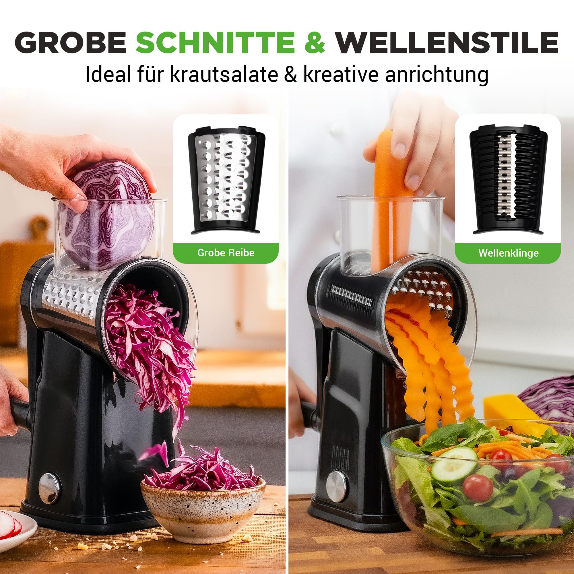 NutriChef Gemüsereibe - Käsereibe mit Kurbel - inkl. 5 Trommelblättern - Ideal für Käse Gurken Karotten hausgemachte Pommes - Starker Saugfuß, Schwarz, 9.45"