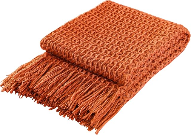 Super Soft Decorative Rust Orange Knit Throw Blanket for Sofa Couch Chair Bed, Lightweight Travel Blanket Nap Throw, Cashmere-like Soft and Cozy, Delicate Weave Pattern with Fring,127x152cm (Orange)