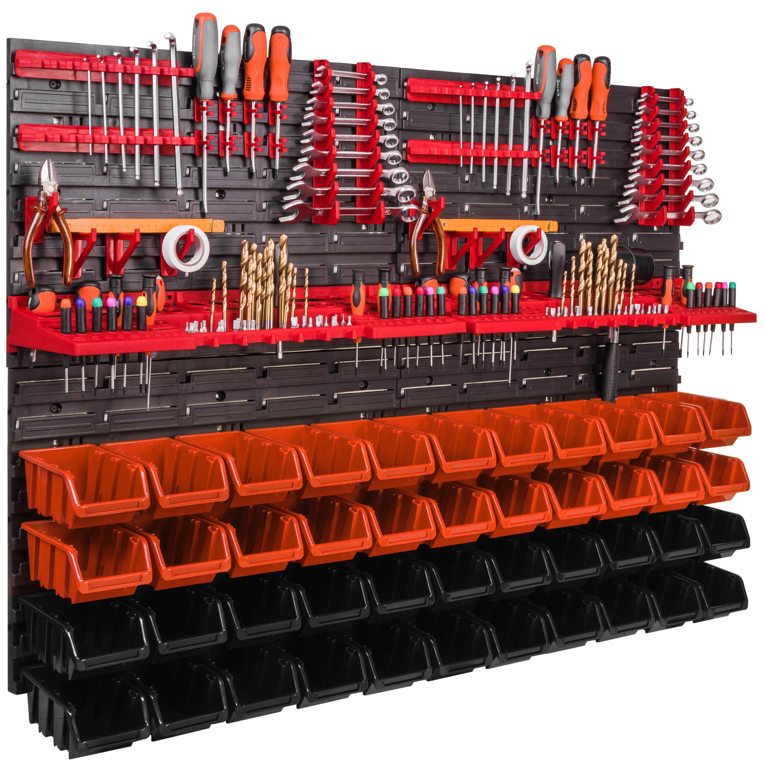 System magazynowy regał ścienny 1152 x 780 mm, uchwyty narzędziowe, 44 szt. pudełek do układania w stos pojemniki do przechowywania pojemników, bardzo mocne płyty ścienne, regał, możliwość rozbudowy, regał warsztatowy, magazyn, regał warsztatowy regał ści